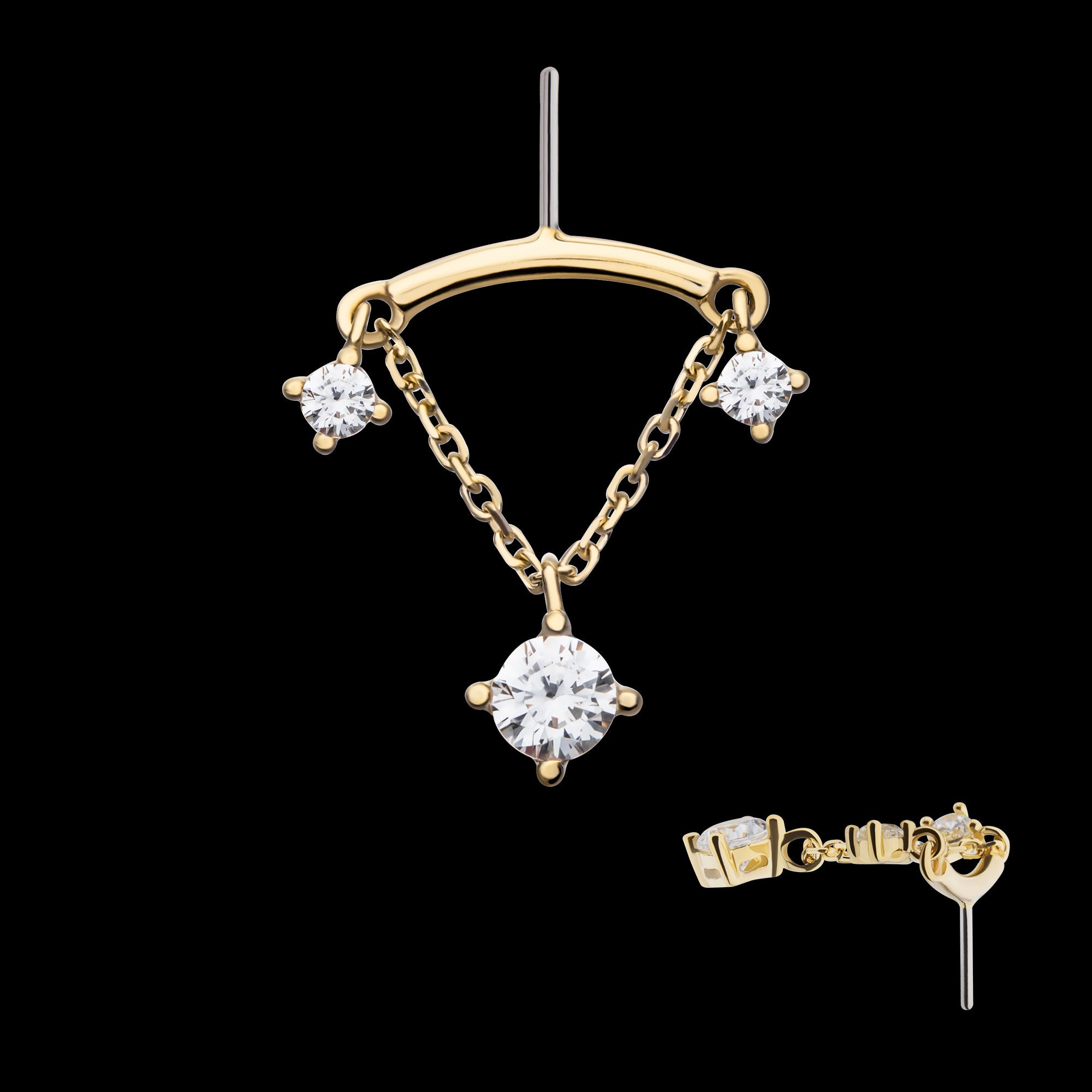 Vertical Helix Curved Bar with Double Floating Gem & CZ Chain Dangle Flatback Stud Earring / Nosering - CZ in 14Kt Yellow Gold