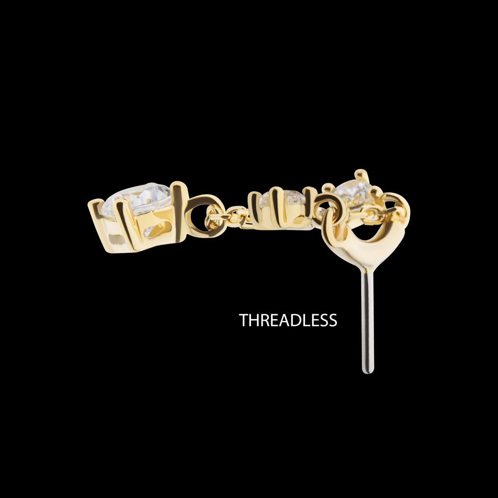 Vertical Helix Curved Bar with Double Floating Gem & CZ Chain Dangle Flatback Stud Earring / Nosering - CZ in 14Kt Yellow Gold