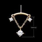 Vertical Helix Curved Bar with Double Floating Gem & CZ Chain Dangle Flatback Stud Earring / Nosering - CZ in 14Kt Yellow Gold