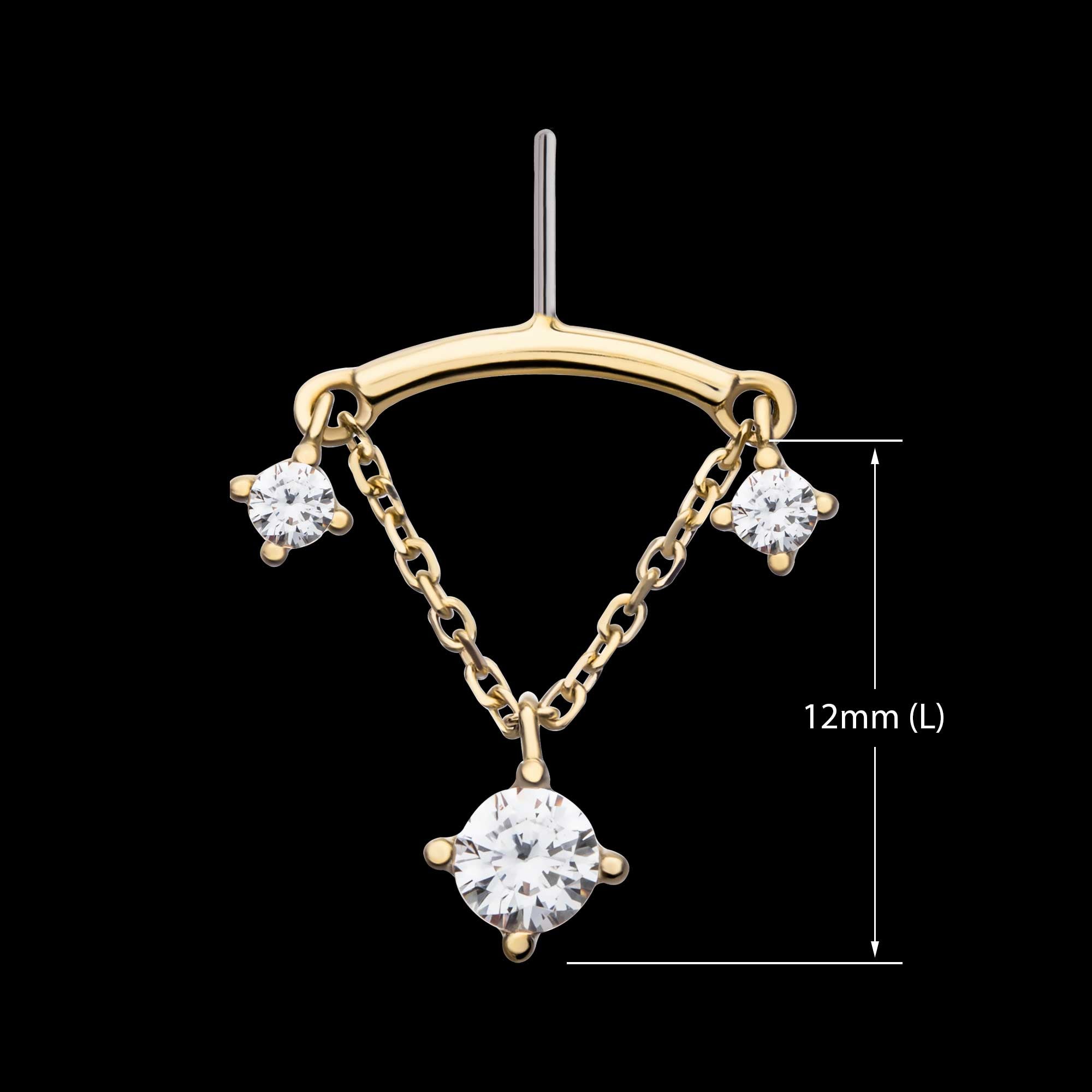 Vertical Helix Curved Bar with Double Floating Gem & CZ Chain Dangle Flatback Stud Earring / Nosering - CZ in 14Kt Yellow Gold