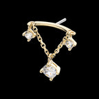 Vertical Helix Curved Bar with Double Floating Gem & CZ Chain Dangle Flatback Stud Earring / Nosering - CZ in 14Kt Yellow Gold
