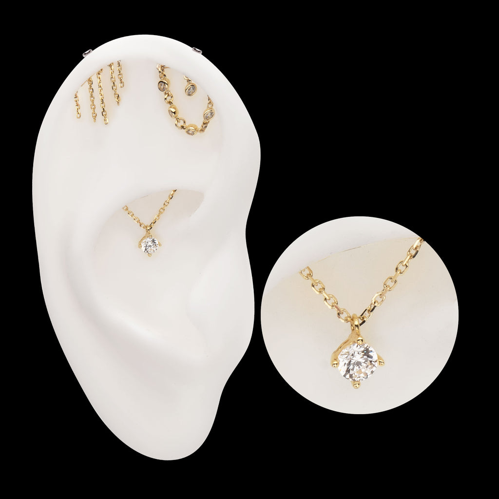 Vertical Helix Curved Bar with Double Floating Gem & CZ Chain Dangle Flatback Stud Earring / Nosering - CZ in 14Kt Yellow Gold