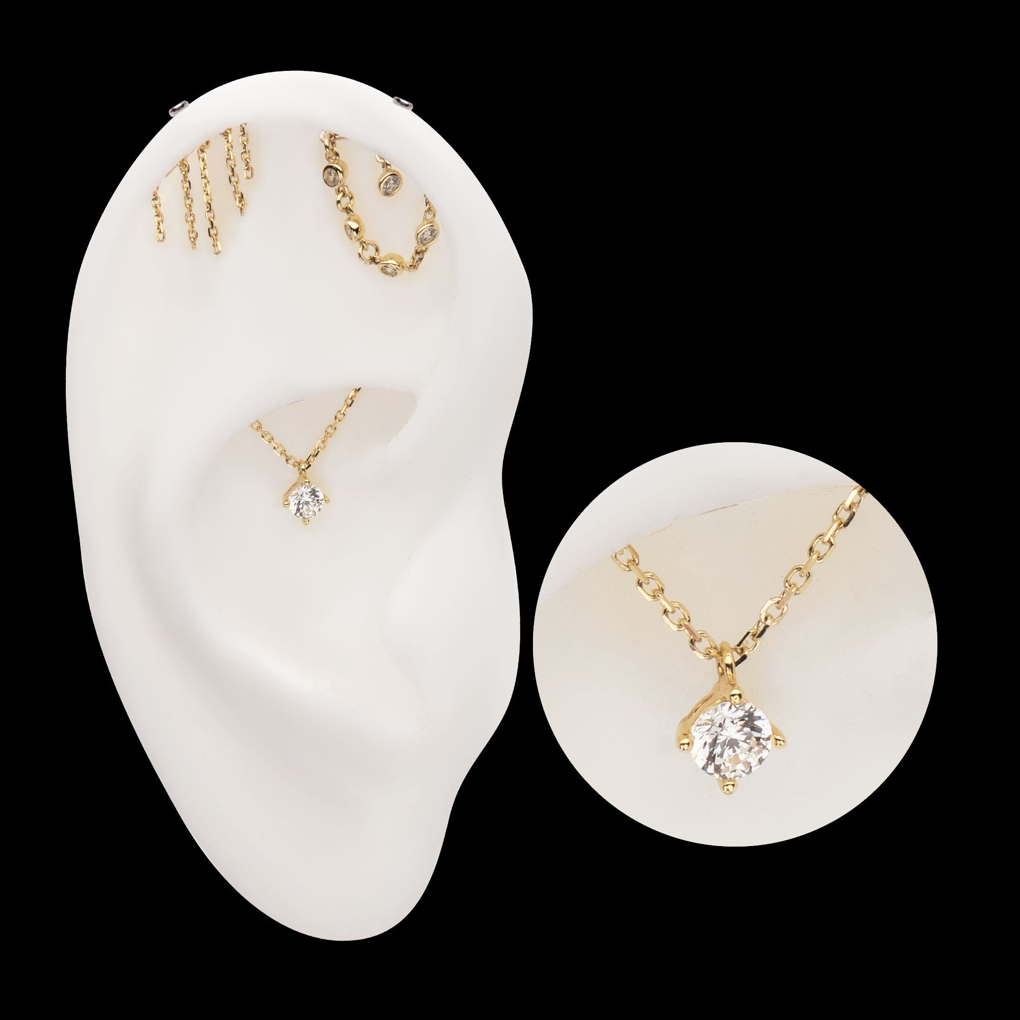 Vertical Helix Curved Bar with Double Floating Gem & CZ Chain Dangle Flatback Stud Earring / Nosering - CZ in 14Kt Yellow Gold