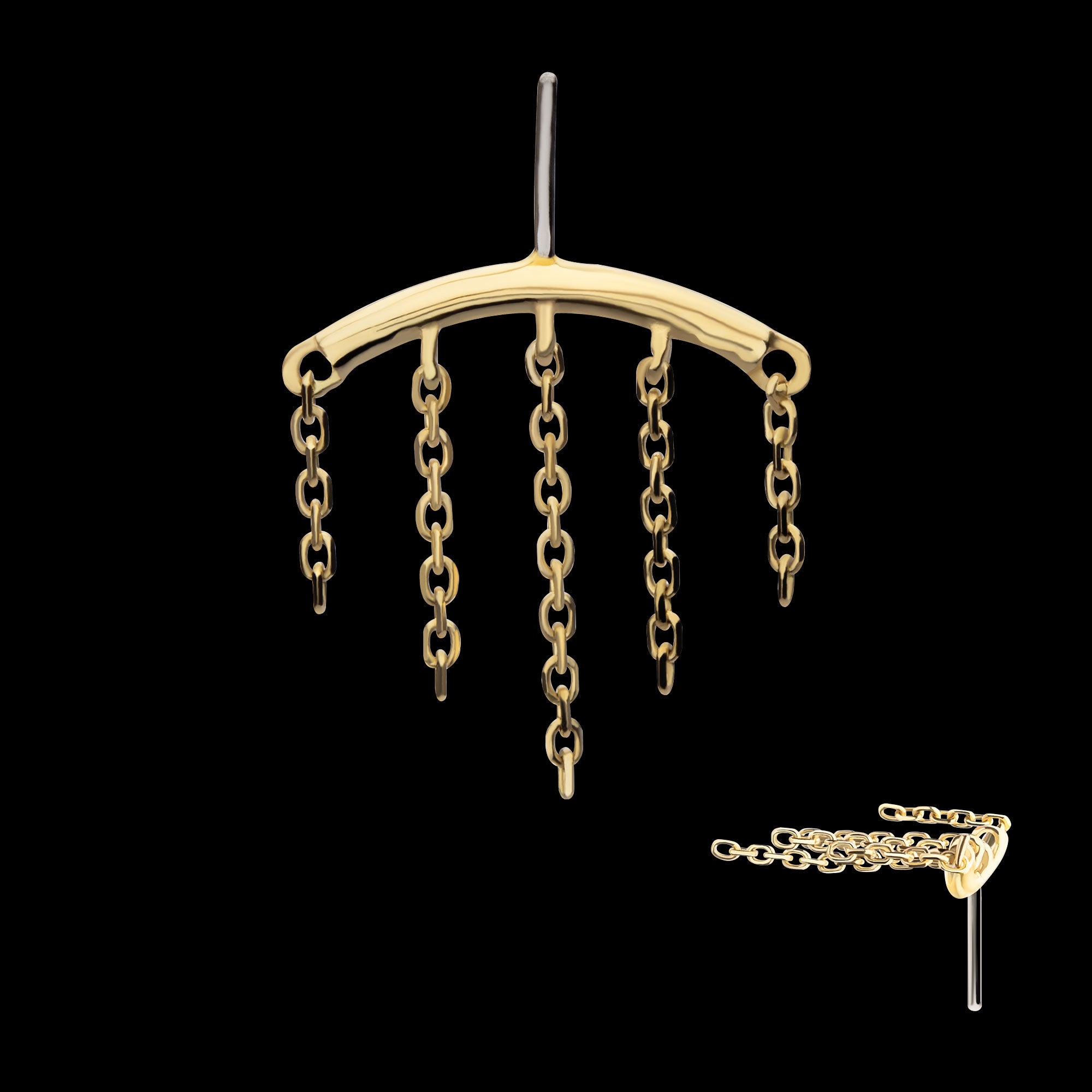 Vertical Helix Curved Bar with 5-Chain Dangle Flatback Stud Earring / Nosering - 14Kt Yellow Gold