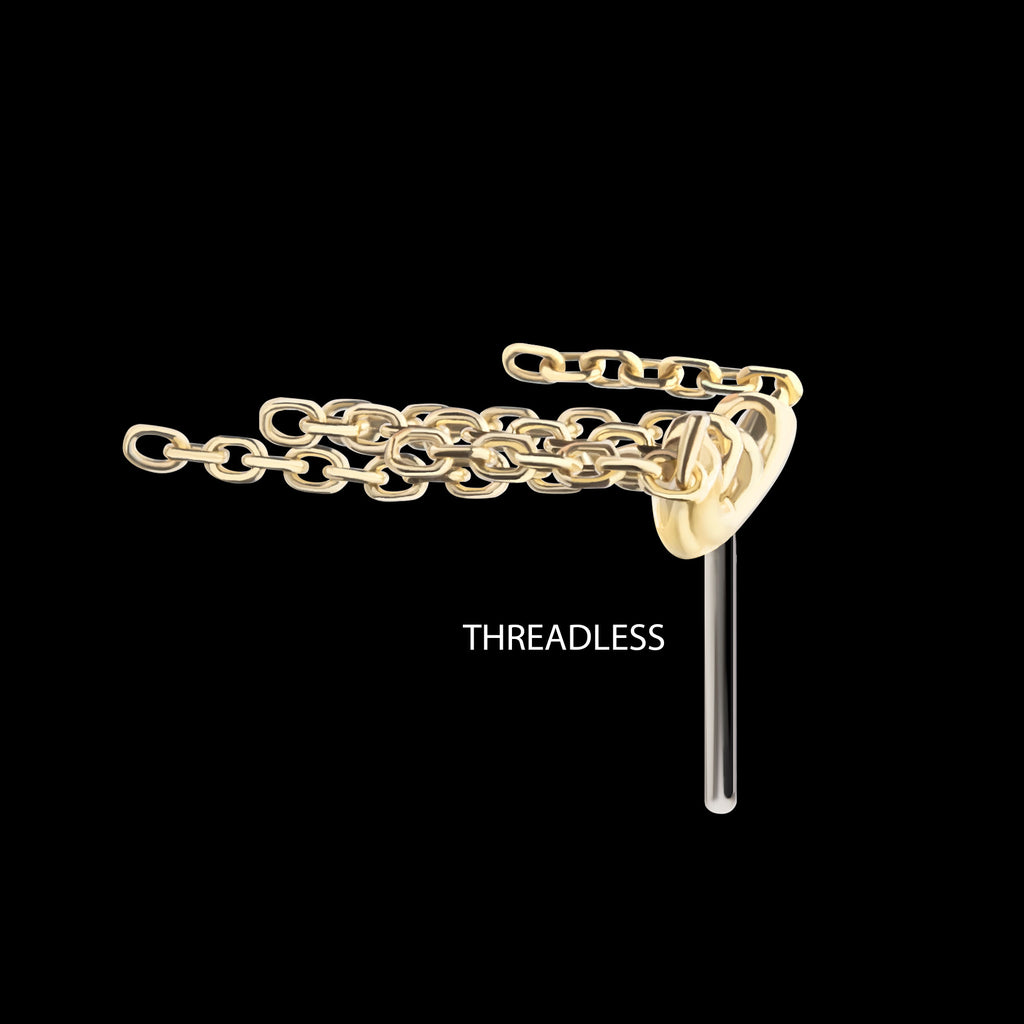 Vertical Helix Curved Bar with 5-Chain Dangle Flatback Stud Earring / Nosering - 14Kt Yellow Gold