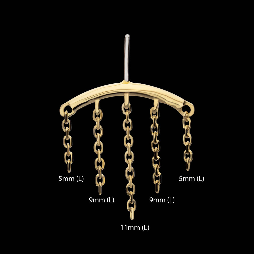 Vertical Helix Curved Bar with 5-Chain Dangle Flatback Stud Earring / Nosering - 14Kt Yellow Gold