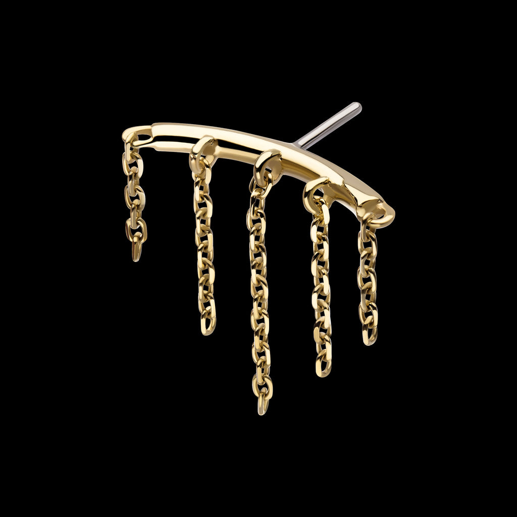 Vertical Helix Curved Bar with 5-Chain Dangle Flatback Stud Earring / Nosering - 14Kt Yellow Gold