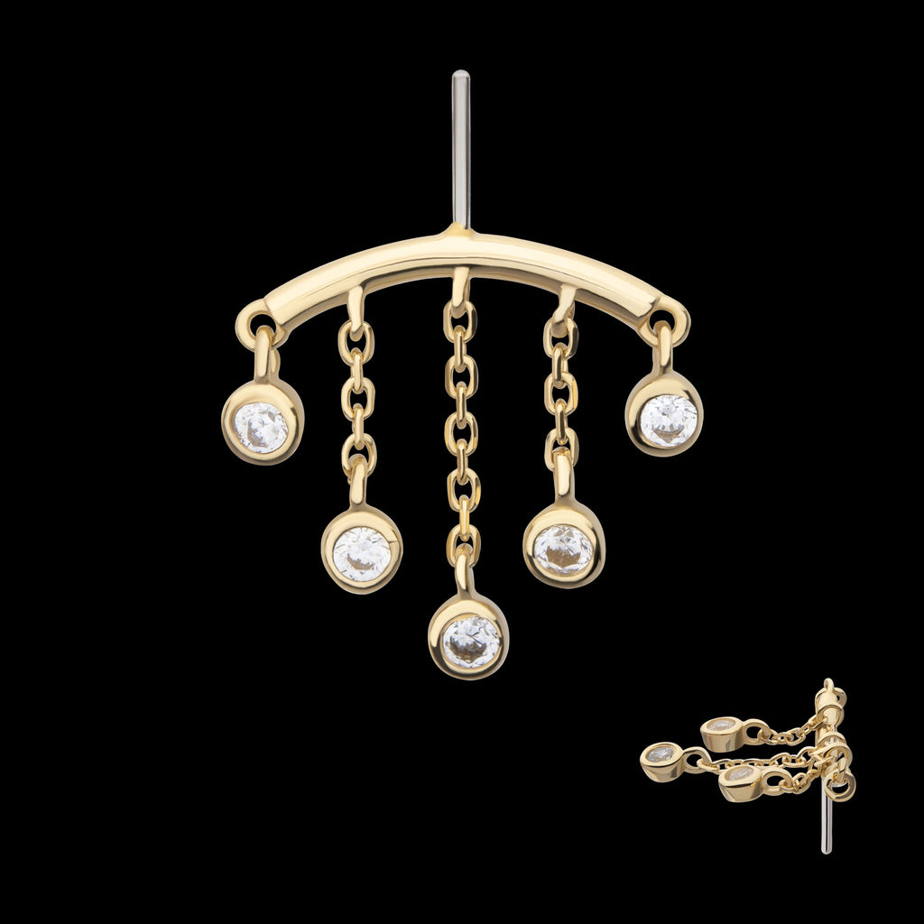 Vertical Helix Curved Bar with 5-Chain & Bezel Set Gem Dangle Flatback Stud Earring / Nosering - Gem in 14Kt Yellow Gold