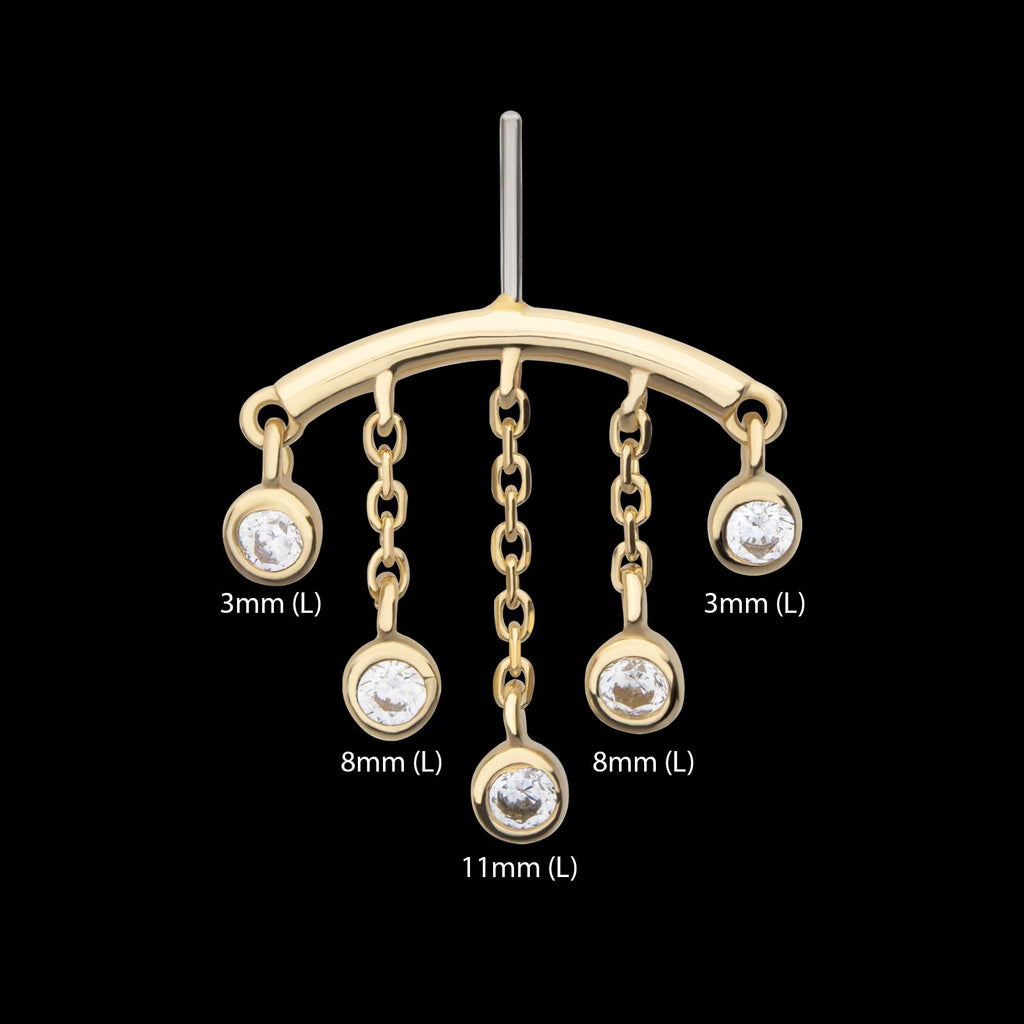 Vertical Helix Curved Bar with 5-Chain & Bezel Set Gem Dangle Flatback Stud Earring / Nosering - Gem in 14Kt Yellow Gold