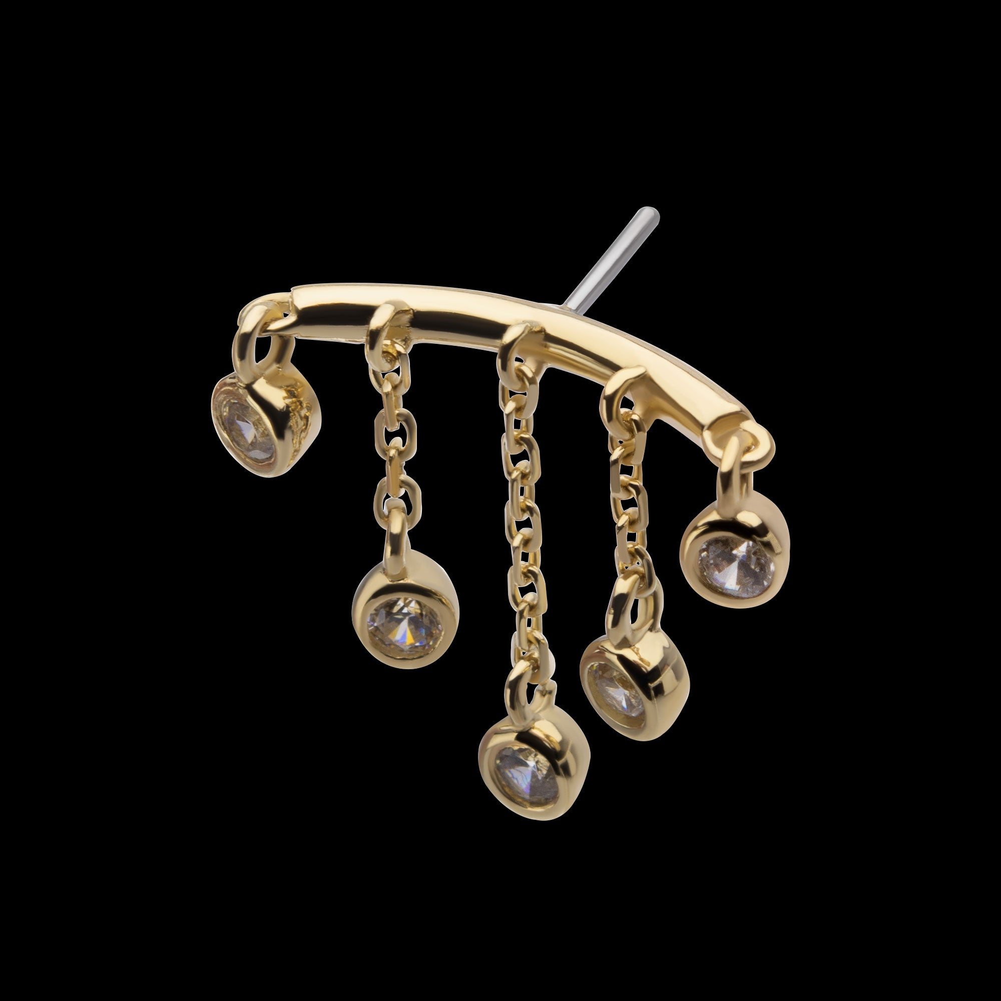Vertical Helix Curved Bar with 5-Chain & Bezel Set Gem Dangle Flatback Stud Earring / Nosering - Gem in 14Kt Yellow Gold