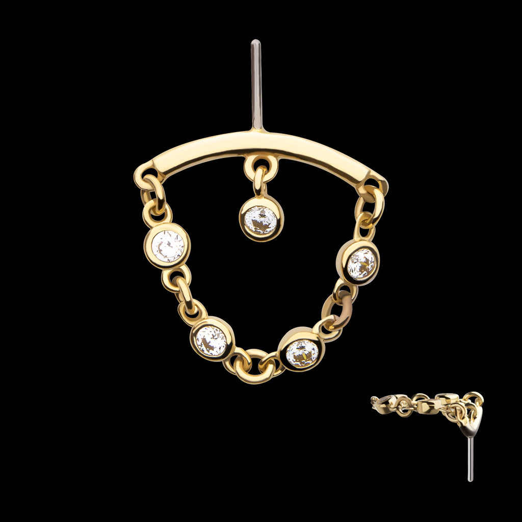 Vertical Helix Curved Bar with Bezel Set Round Gem Dangle Flatback Stud Earring / Nosering - Gem in 14Kt Yellow Gold