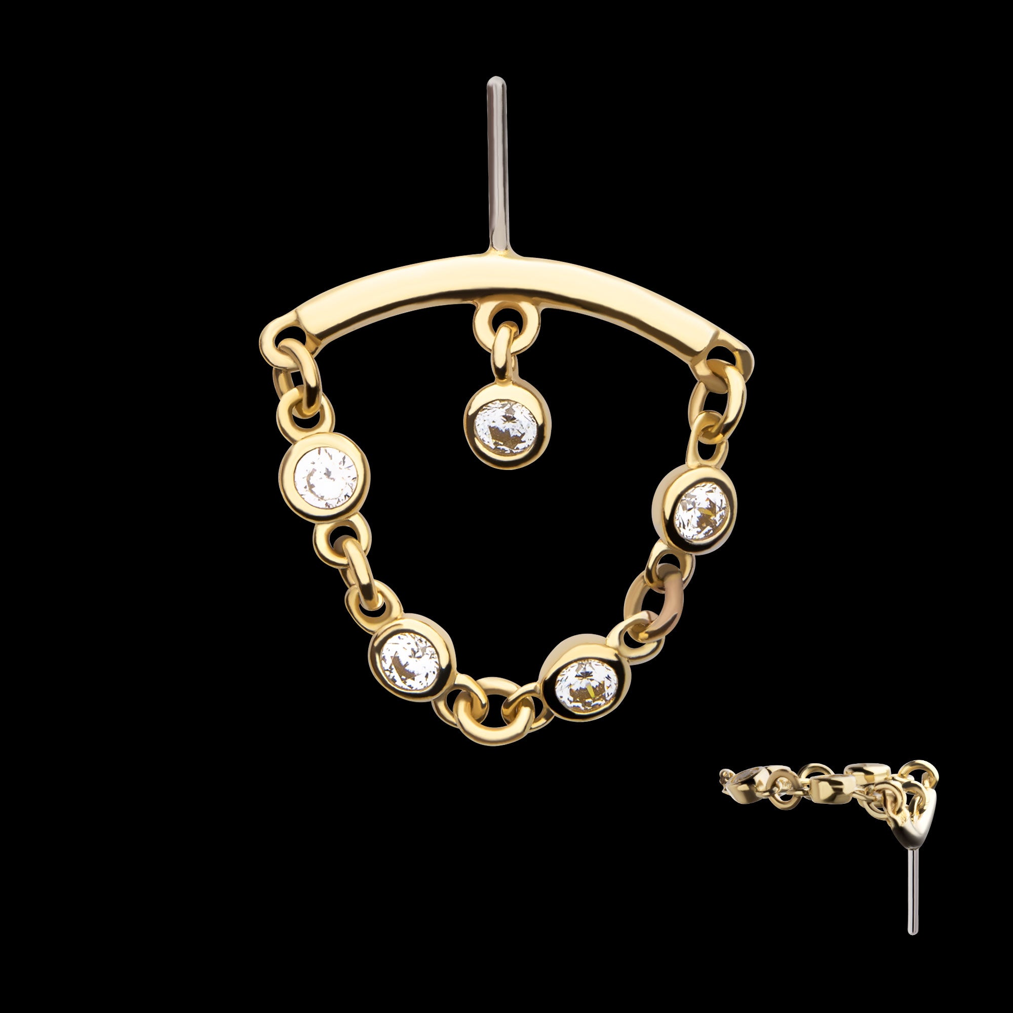 Vertical Helix Curved Bar with Bezel Set Round Gem Dangle Flatback Stud Earring / Nosering - Gem in 14Kt Yellow Gold
