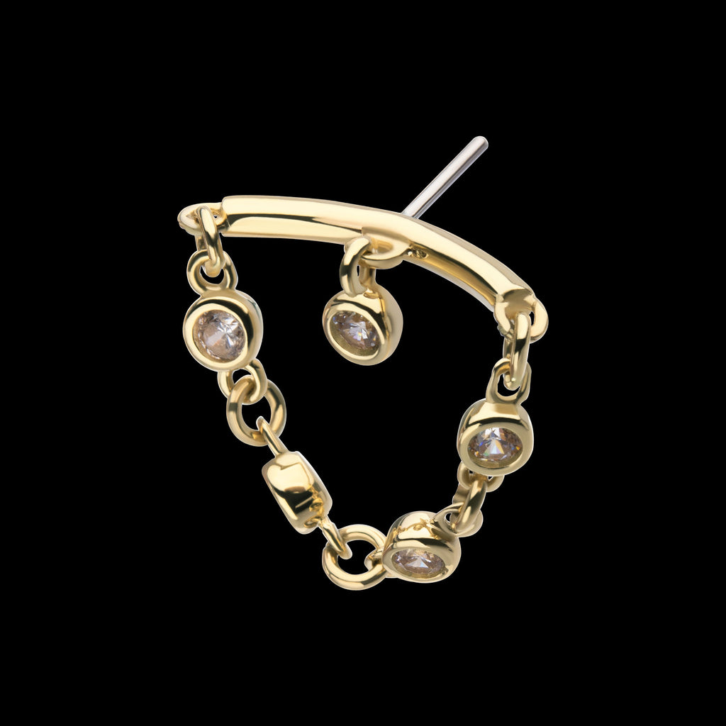 Vertical Helix Curved Bar with Bezel Set Round Gem Dangle Flatback Stud Earring / Nosering - Gem in 14Kt Yellow Gold
