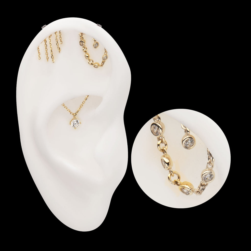 Vertical Helix Curved Bar with Bezel Set Round Gem Dangle Flatback Stud Earring / Nosering - Gem in 14Kt Yellow Gold