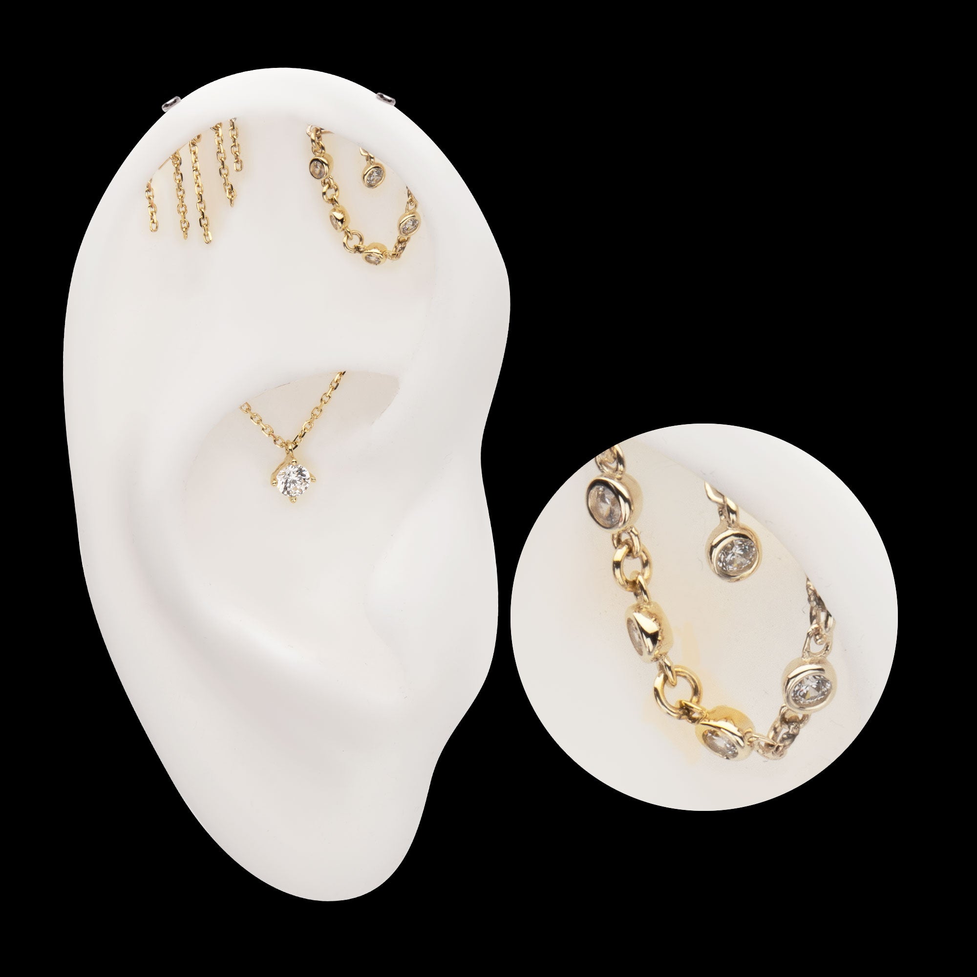 Vertical Helix Curved Bar with Bezel Set Round Gem Dangle Flatback Stud Earring / Nosering - Gem in 14Kt Yellow Gold