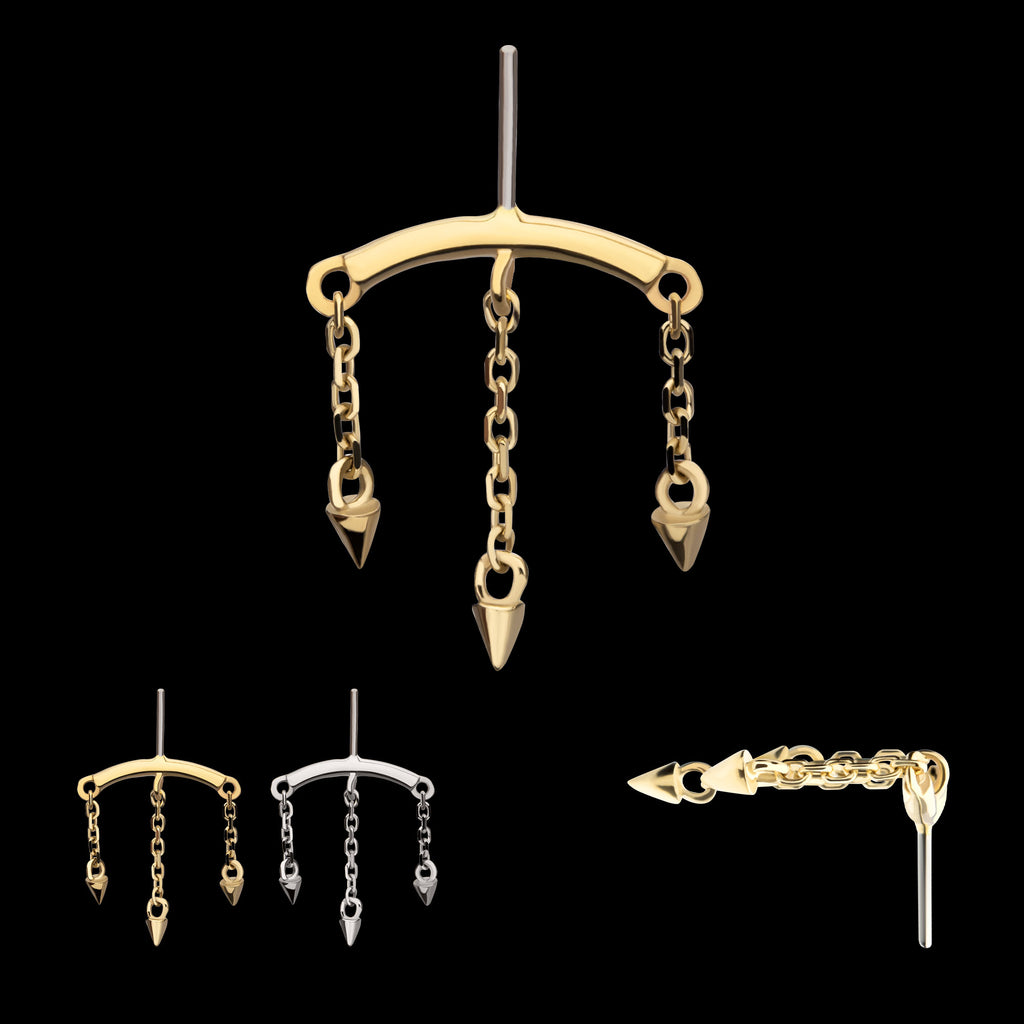 Vertical Helix Curved Bar with 3 Spike Chain Dangle Flatback Stud Earring / Nosering - 14Kt Gold