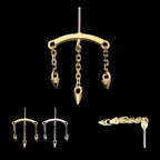Vertical Helix Curved Bar with 3 Spike Chain Dangle Flatback Stud Earring / Nosering - 14Kt Gold