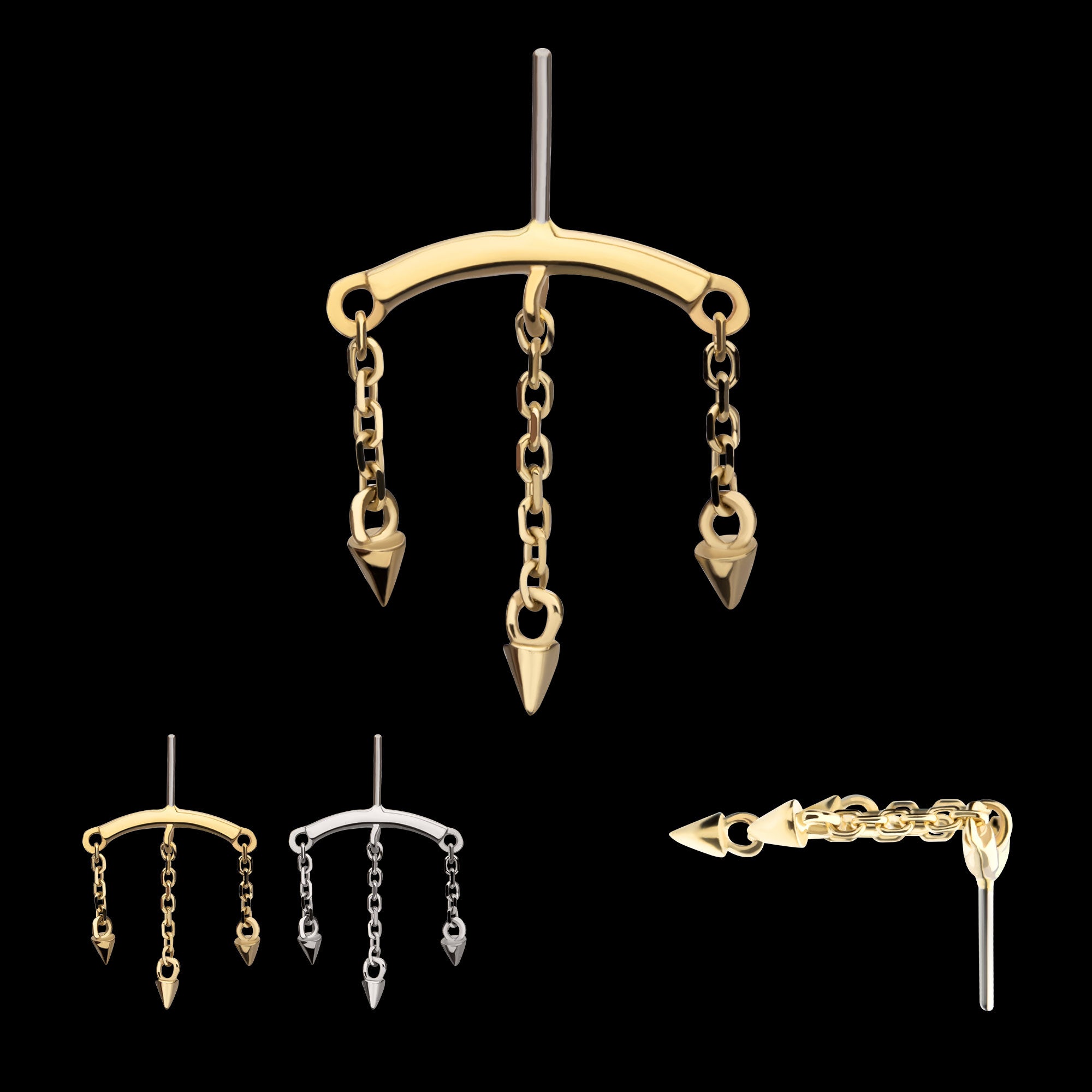 Vertical Helix Curved Bar with 3 Spike Chain Dangle Flatback Stud Earring / Nosering - 14Kt Gold