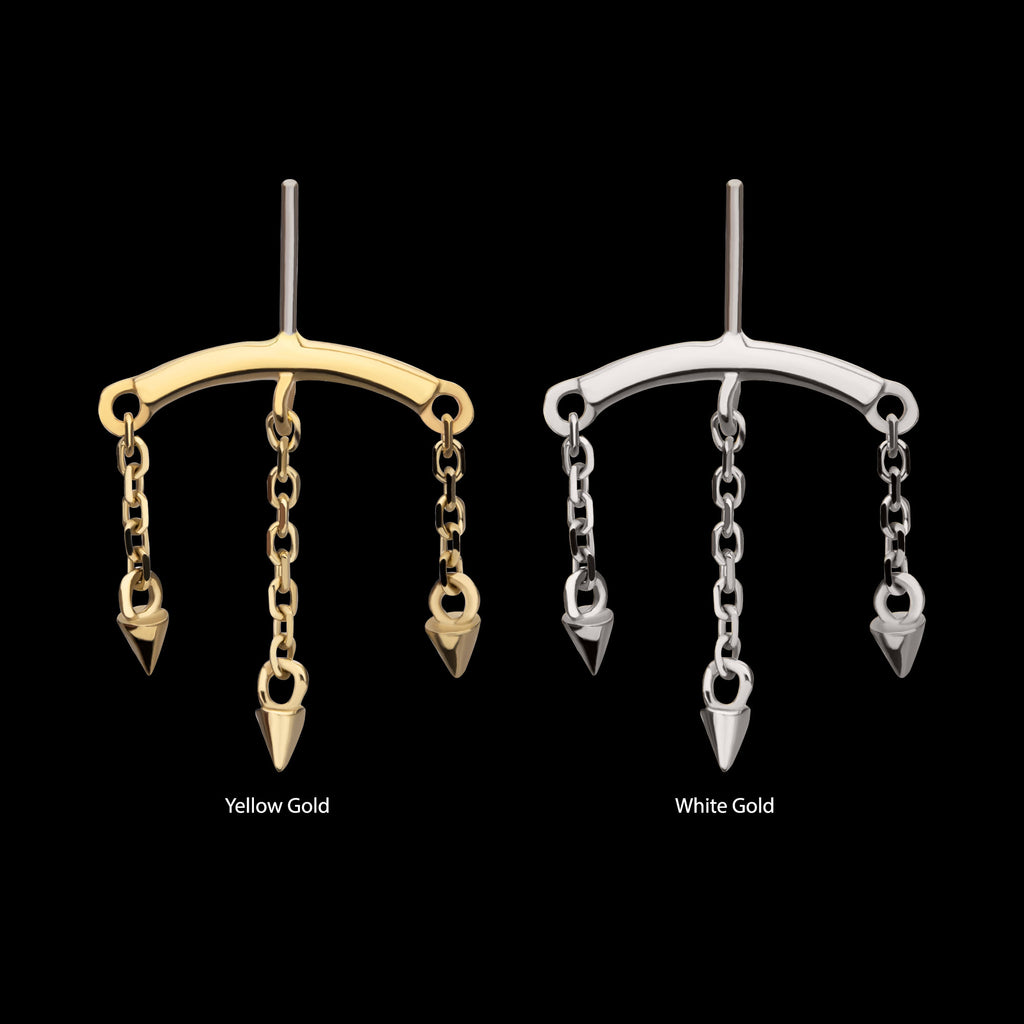 Vertical Helix Curved Bar with 3 Spike Chain Dangle Flatback Stud Earring / Nosering - 14Kt Gold