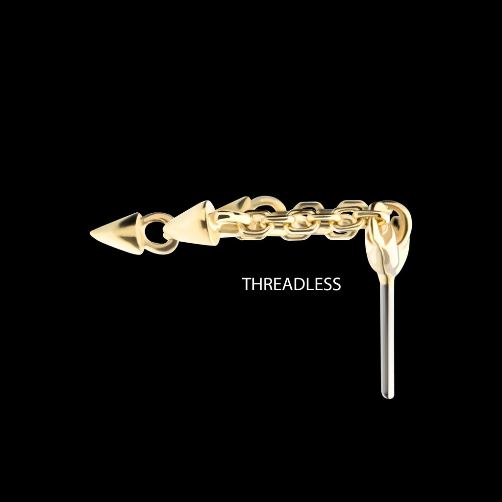 Vertical Helix Curved Bar with 3 Spike Chain Dangle Flatback Stud Earring / Nosering - 14Kt Gold