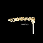 Vertical Helix Curved Bar with 3 Spike Chain Dangle Flatback Stud Earring / Nosering - 14Kt Gold