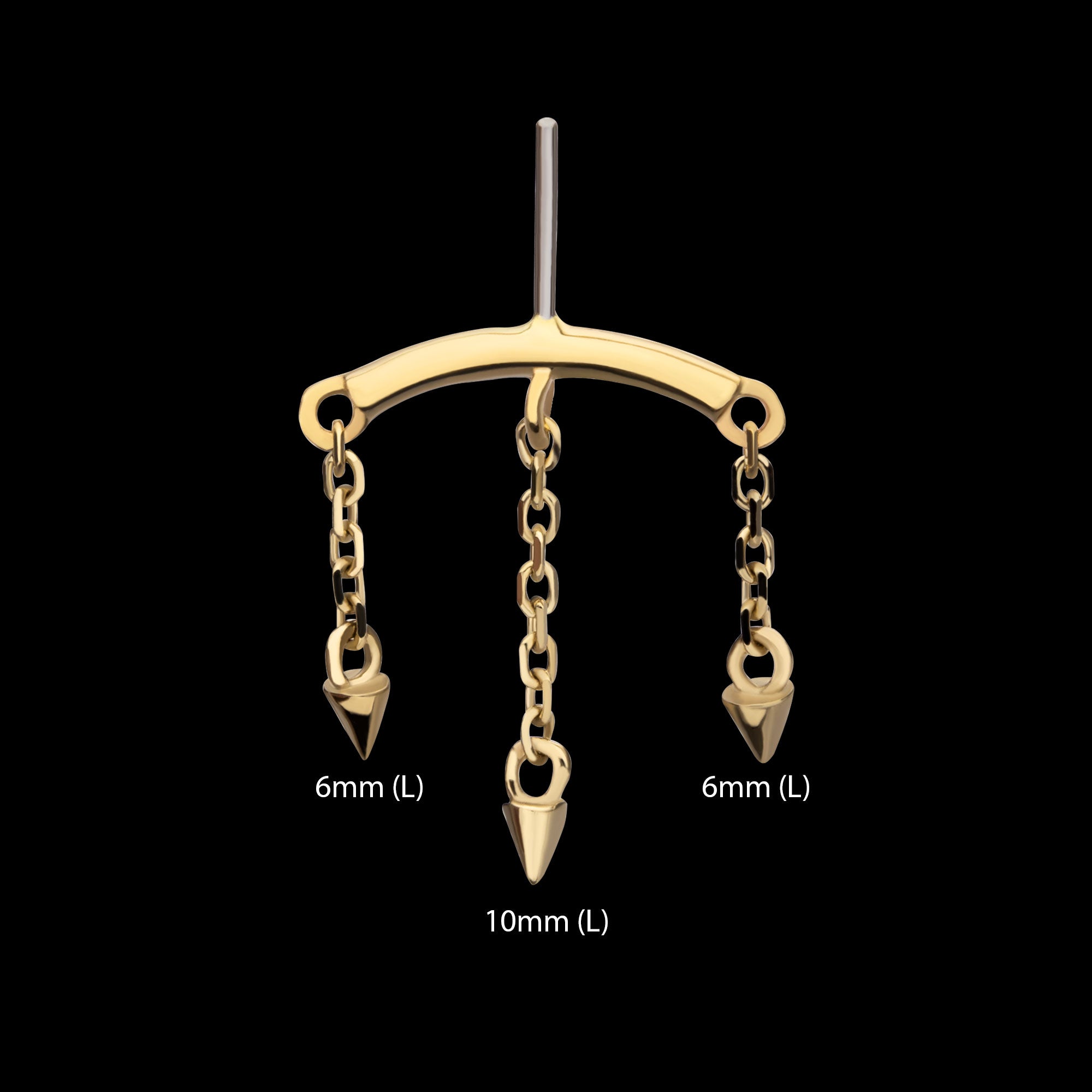 Vertical Helix Curved Bar with 3 Spike Chain Dangle Flatback Stud Earring / Nosering - 14Kt Gold