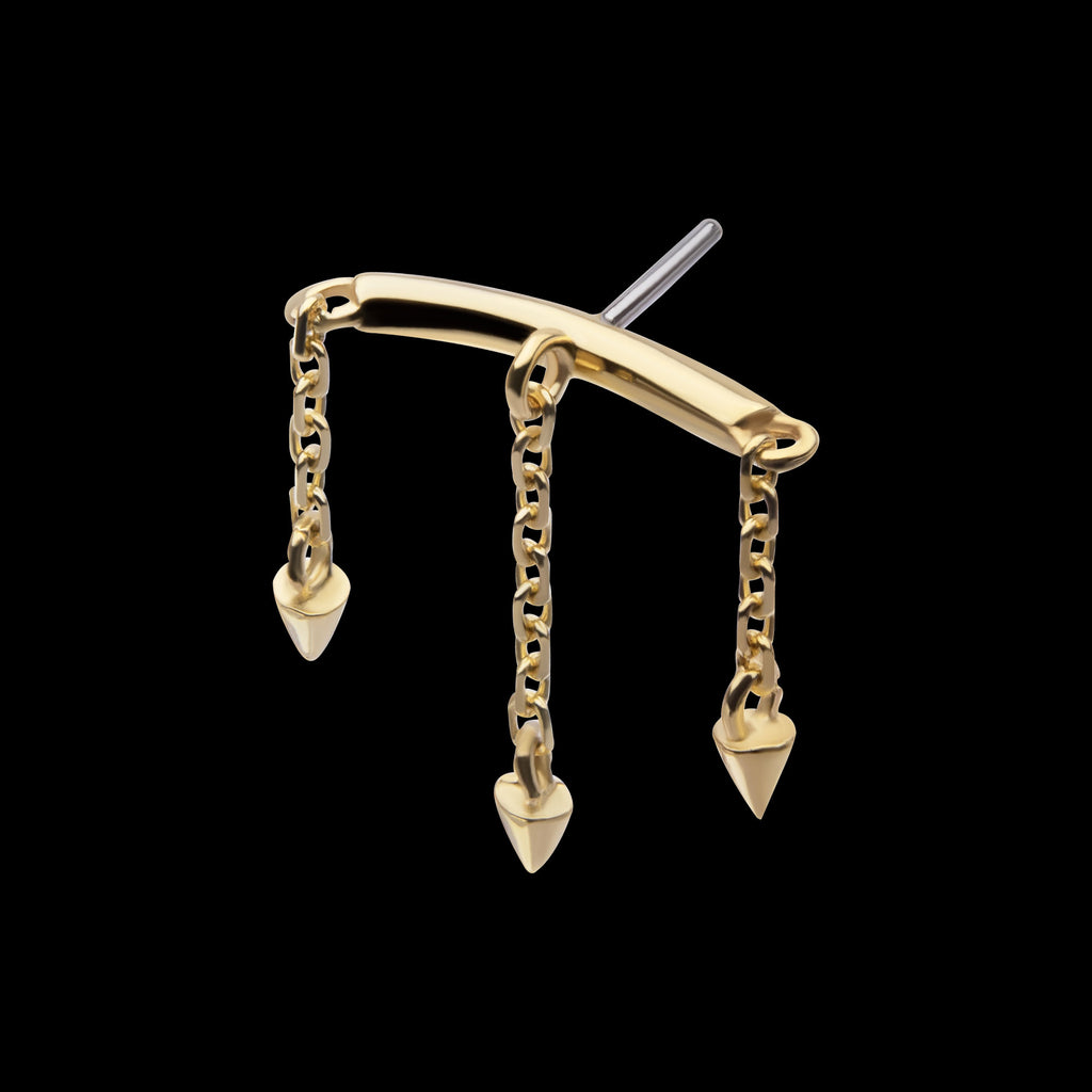Vertical Helix Curved Bar with 3 Spike Chain Dangle Flatback Stud Earring / Nosering - 14Kt Gold