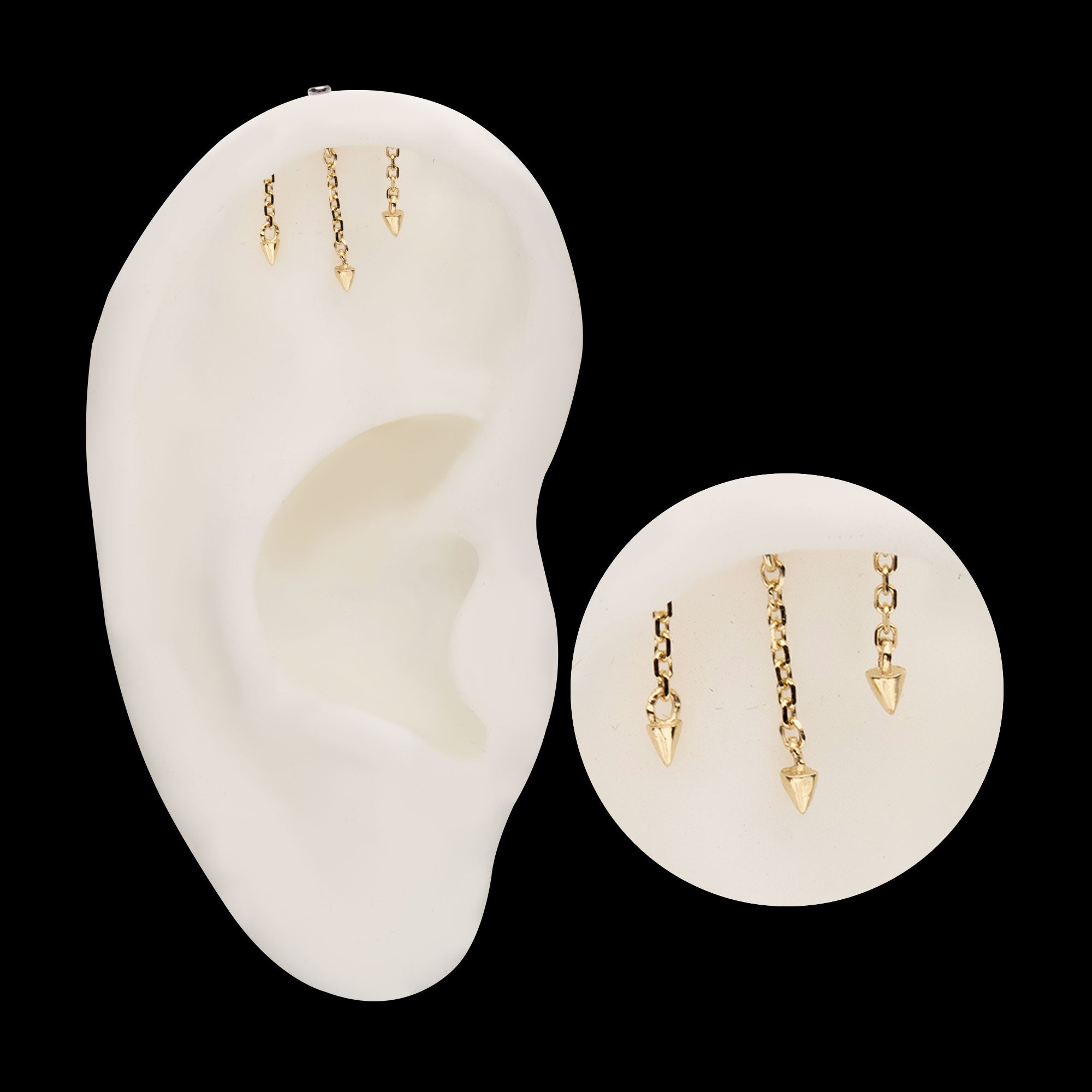 Vertical Helix Curved Bar with 3 Spike Chain Dangle Flatback Stud Earring / Nosering - 14Kt Gold