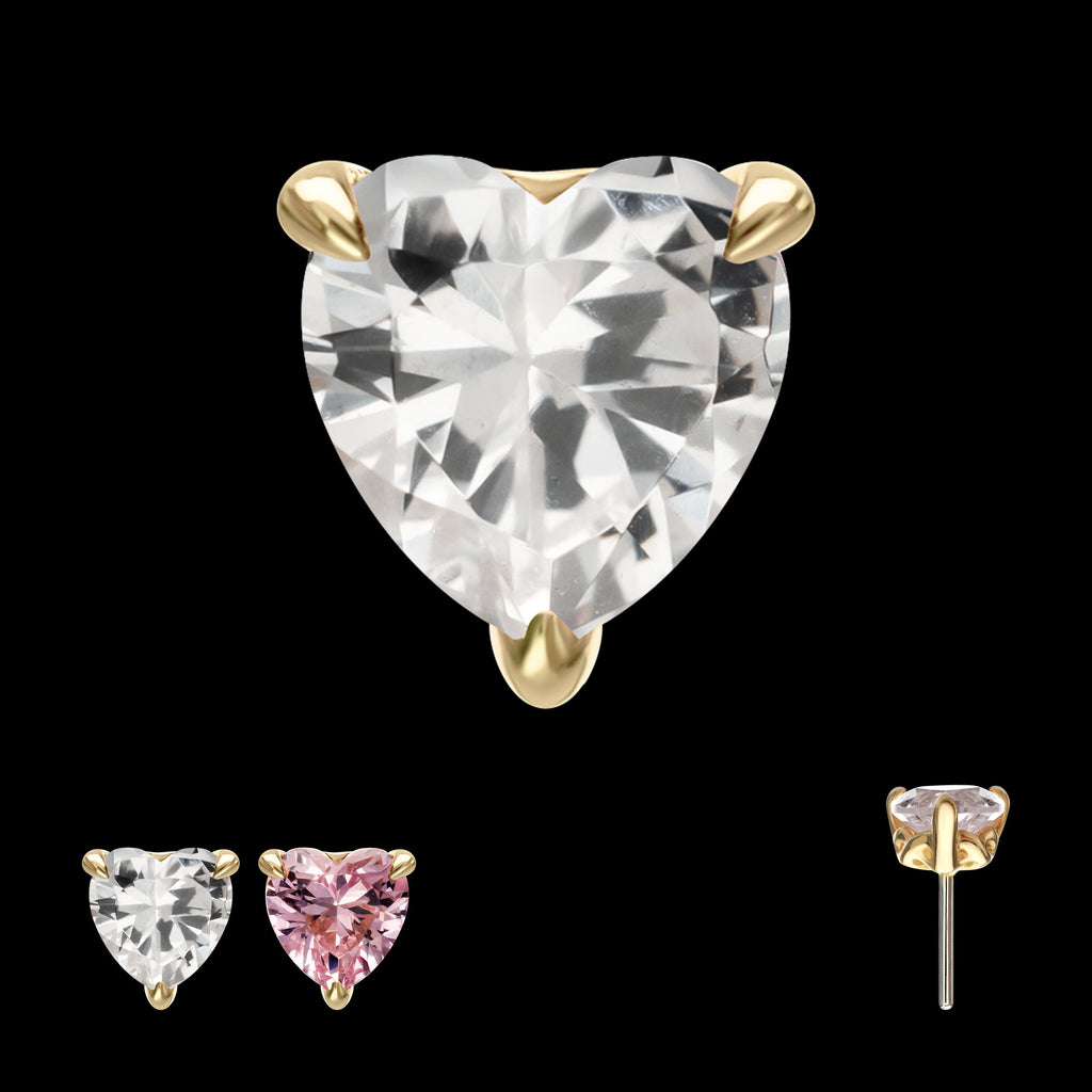 3-Prong Icon Heart CZ Gem Flatback Stud Earring / Nosering - CZ in 14Kt Yellow Gold