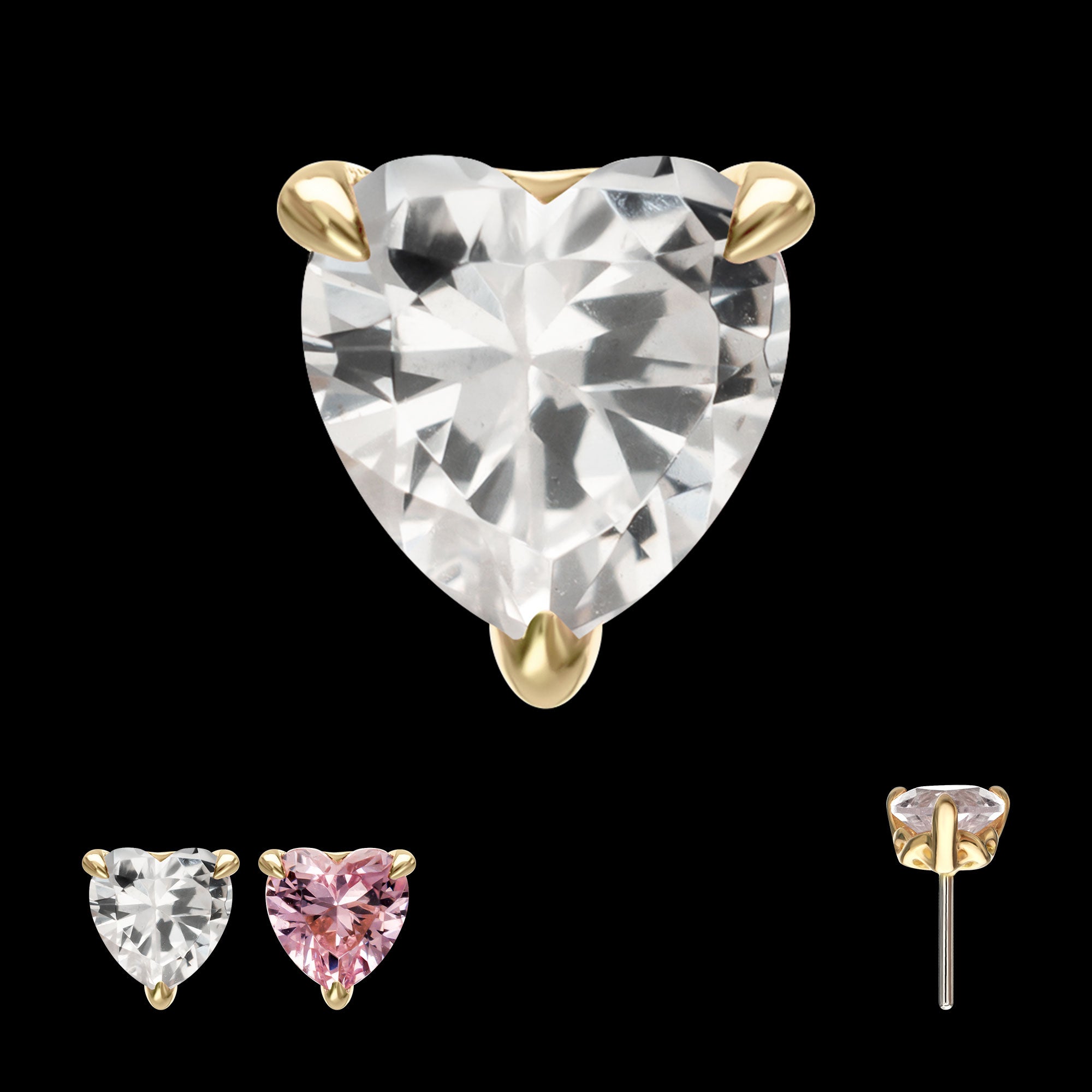 3-Prong Icon Heart CZ Gem Flatback Stud Earring / Nosering - CZ in 14Kt Yellow Gold