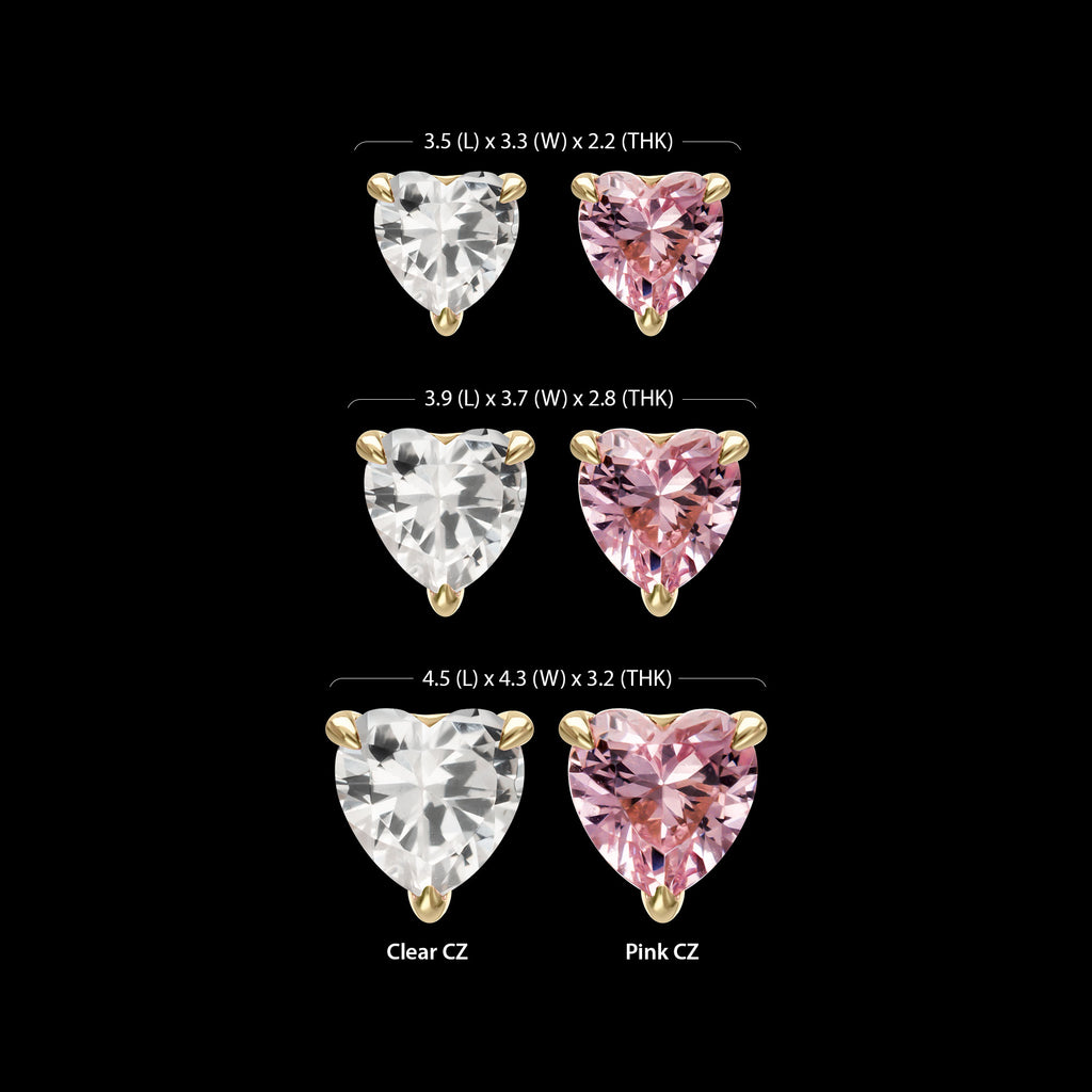 3-Prong Icon Heart CZ Gem Flatback Stud Earring / Nosering - CZ in 14Kt Yellow Gold