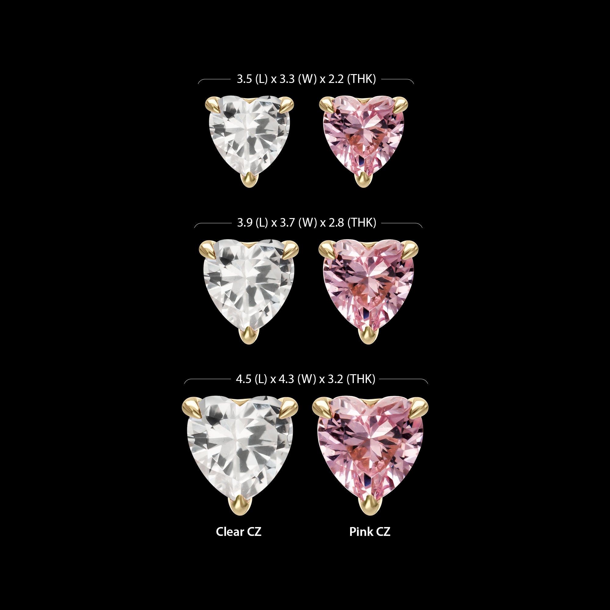 3-Prong Icon Heart CZ Gem Flatback Stud Earring / Nosering - CZ in 14Kt Yellow Gold