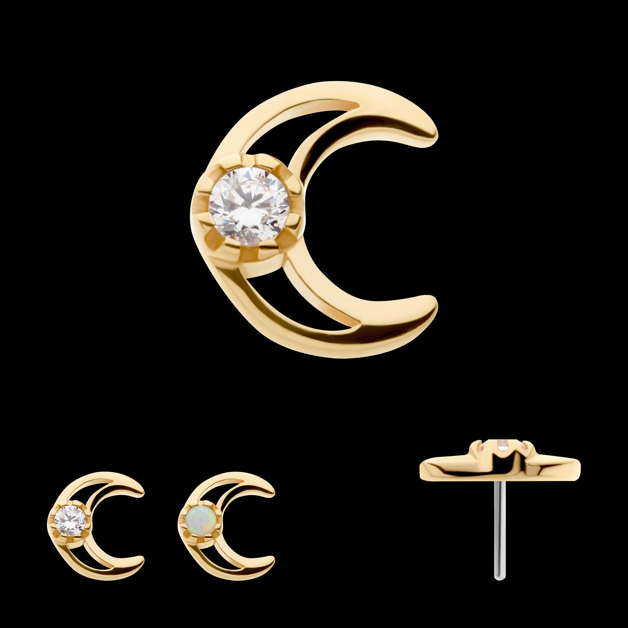 CZ/Opal Crescent Moon Flatback Stud Earring / Nosering - Opal & CZ & Opal & CZ in 14Kt Yellow Gold