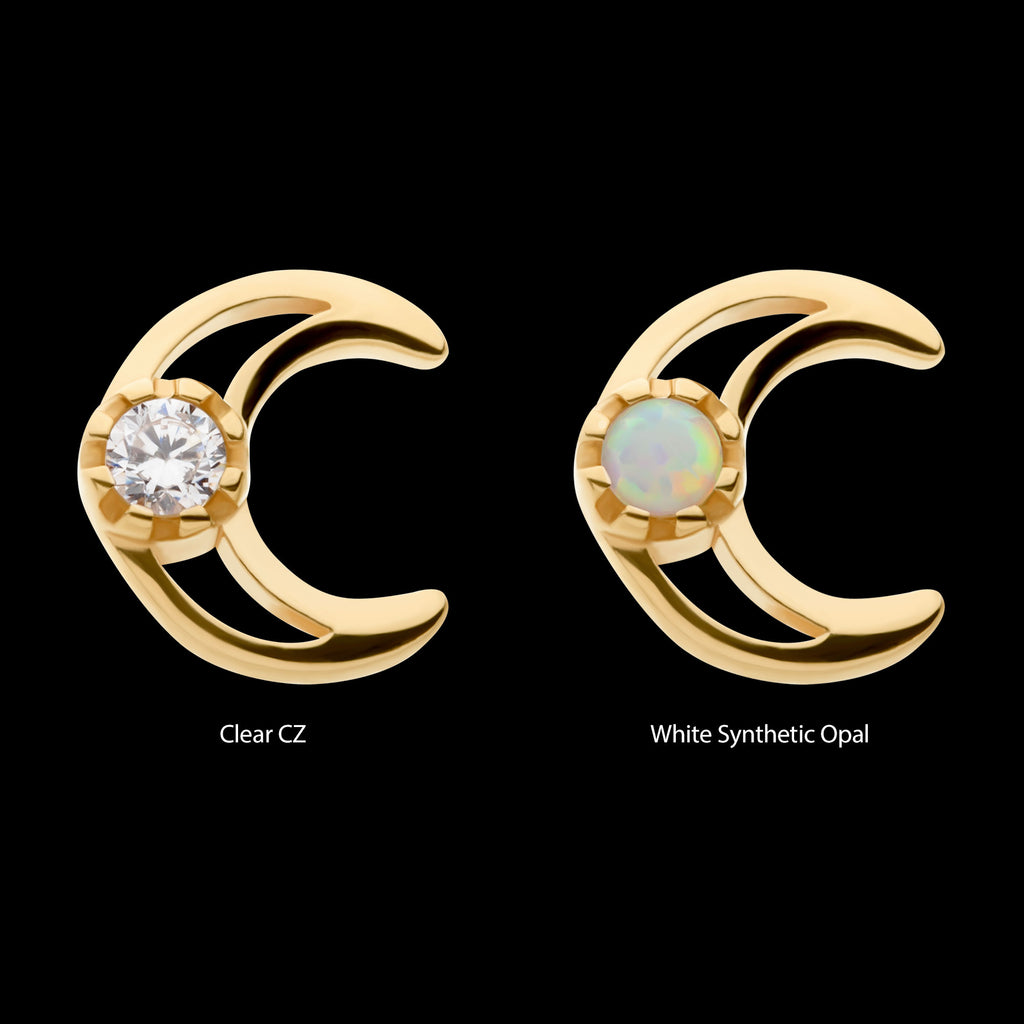 CZ/Opal Crescent Moon Flatback Stud Earring / Nosering - Opal & CZ & Opal & CZ in 14Kt Yellow Gold