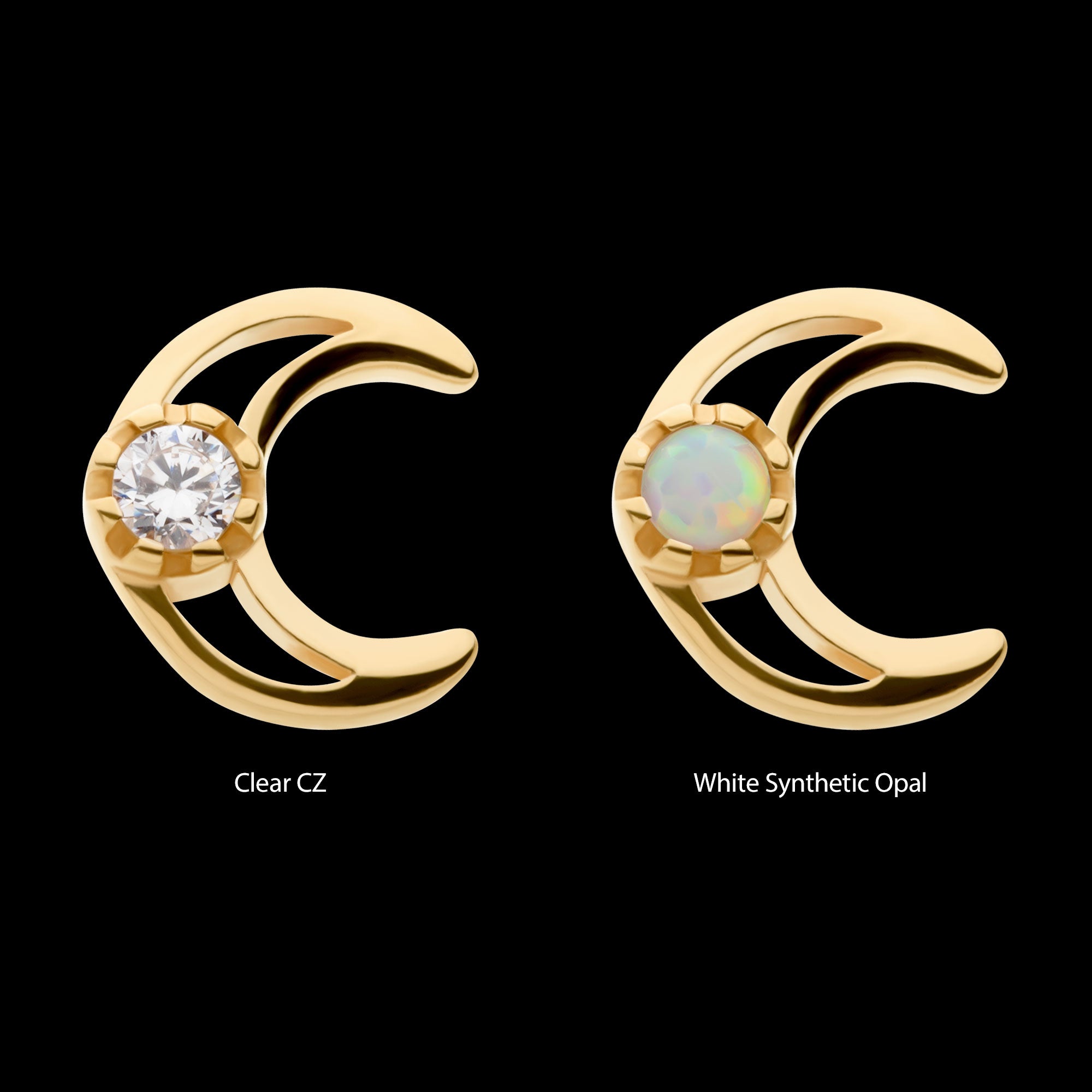 CZ/Opal Crescent Moon Flatback Stud Earring / Nosering - Opal & CZ & Opal & CZ in 14Kt Yellow Gold