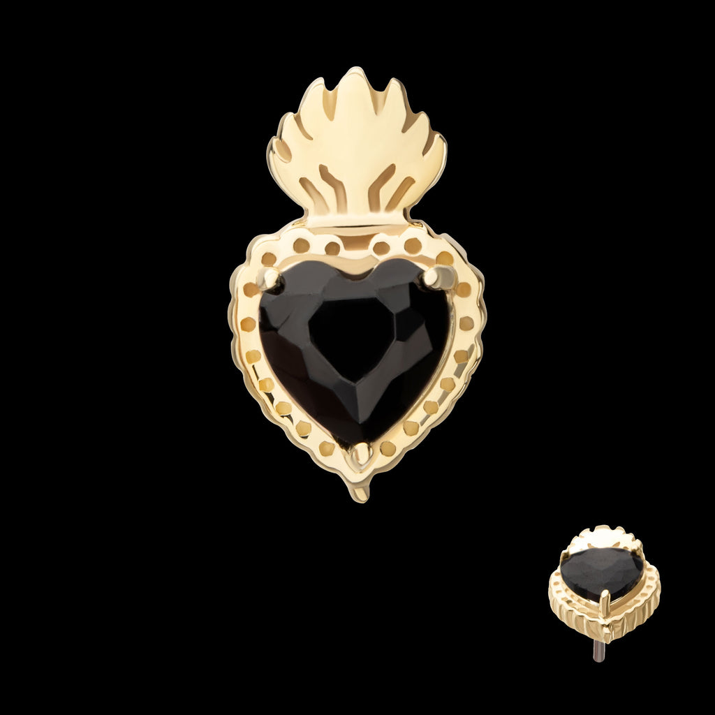 Prong Set Black Gem Sacred Heart Flatback Stud Earring / Nosering - Black Gem in 14Kt Yellow Gold
