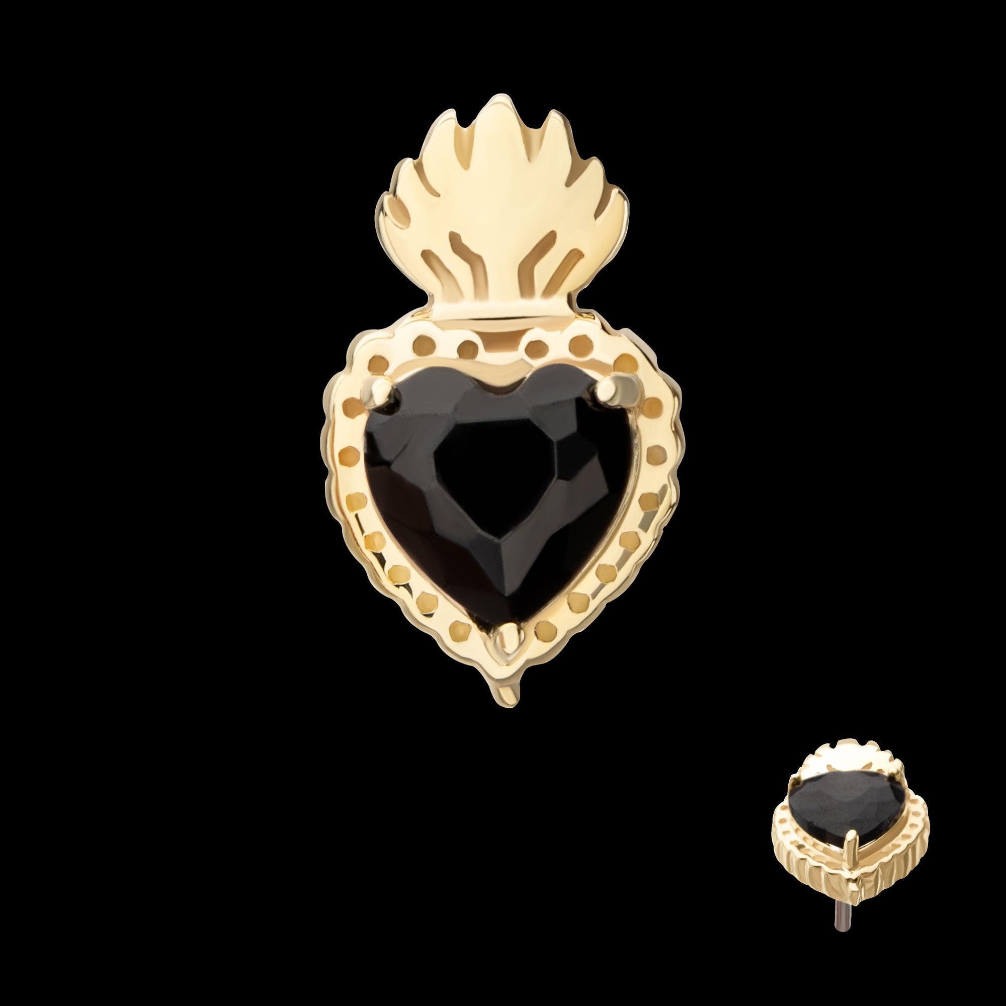 Prong Set Black Gem Sacred Heart Flatback Stud Earring / Nosering - Black Gem in 14Kt Yellow Gold