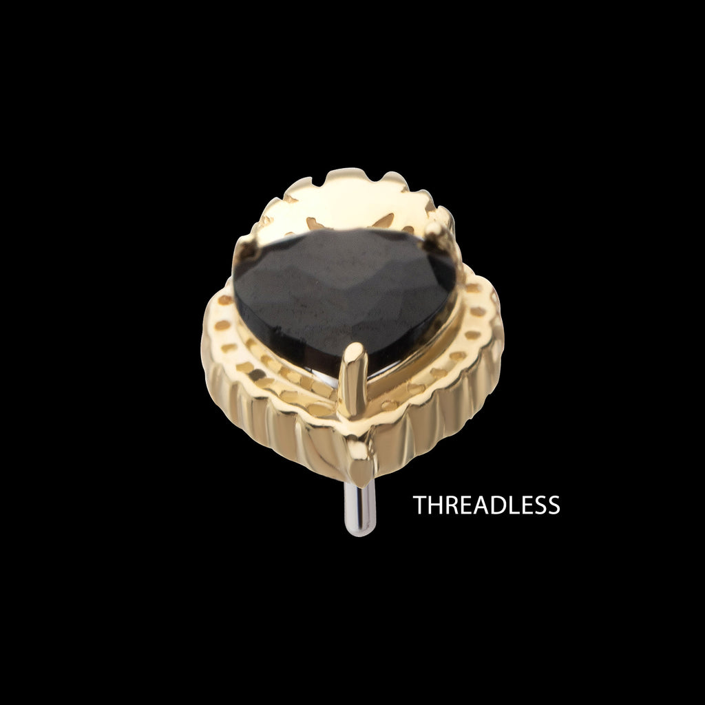 Prong Set Black Gem Sacred Heart Flatback Stud Earring / Nosering - Black Gem in 14Kt Yellow Gold