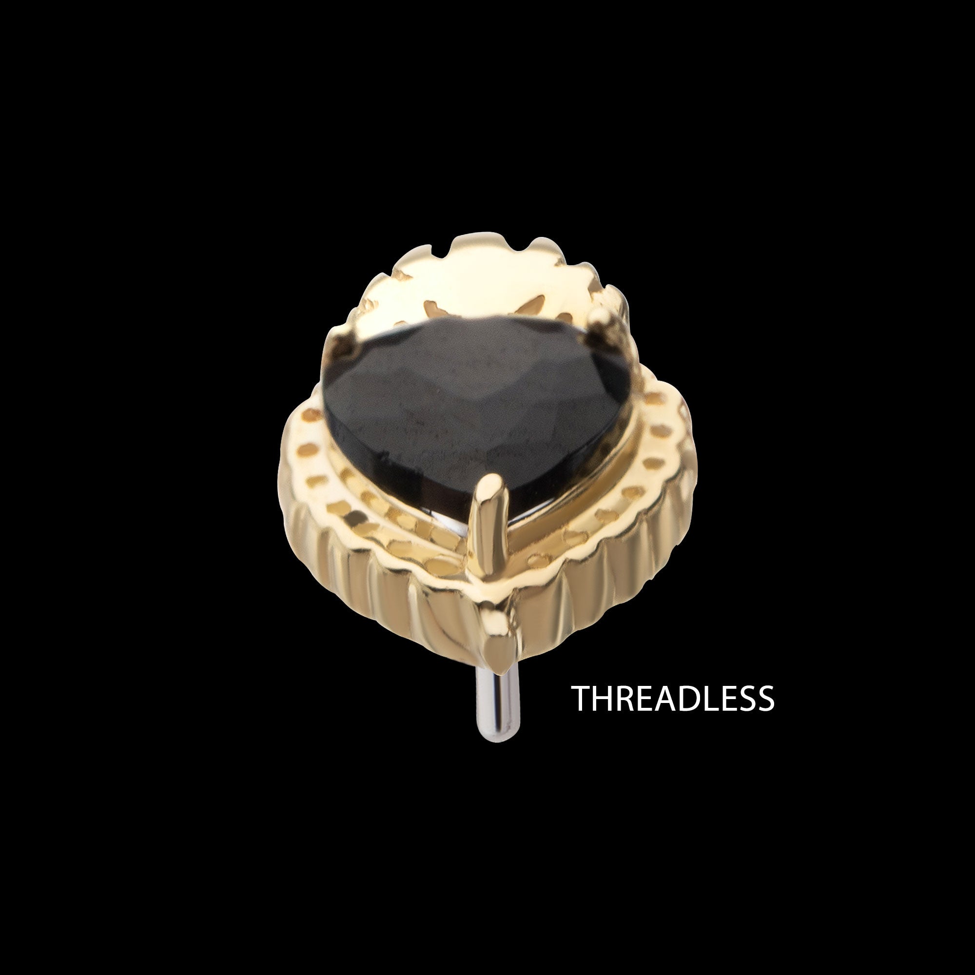 Prong Set Black Gem Sacred Heart Flatback Stud Earring / Nosering - Black Gem in 14Kt Yellow Gold