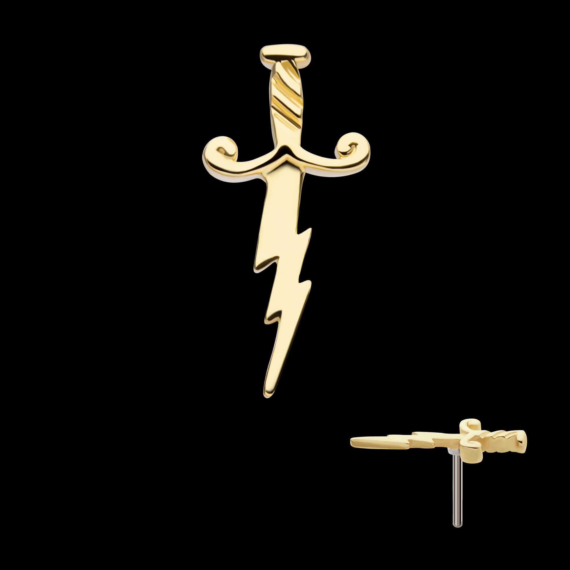 Lightning Bolt Dagger Flatback Stud Earring / Nosering - 14Kt Yellow Gold