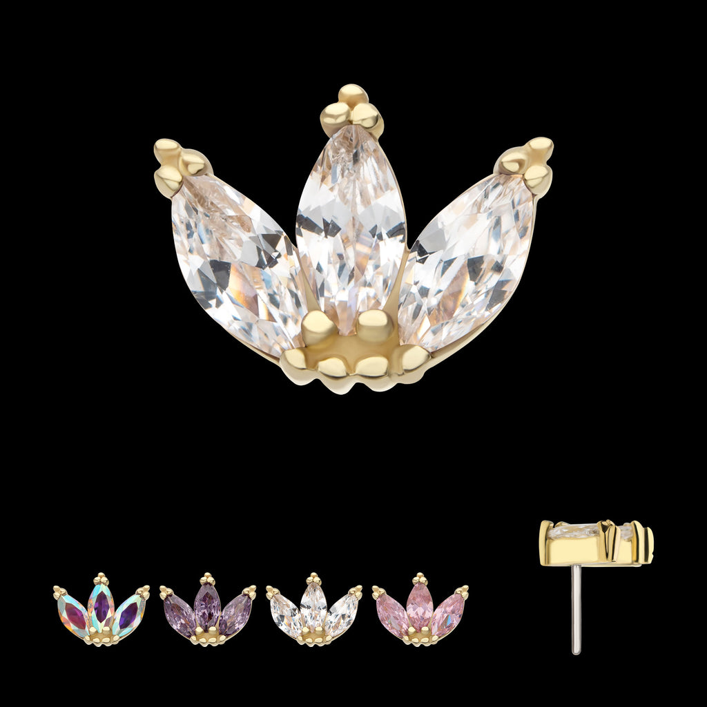 Beaded Edge Marquise Fan Gem Cluster Flatback Stud Earring / Nosering - Gem in 14Kt Yellow Gold