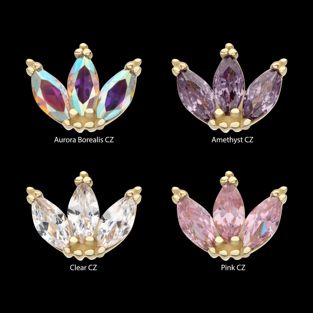 Beaded Edge Marquise Fan Gem Cluster Flatback Stud Earring / Nosering - Gem in 14Kt Yellow Gold