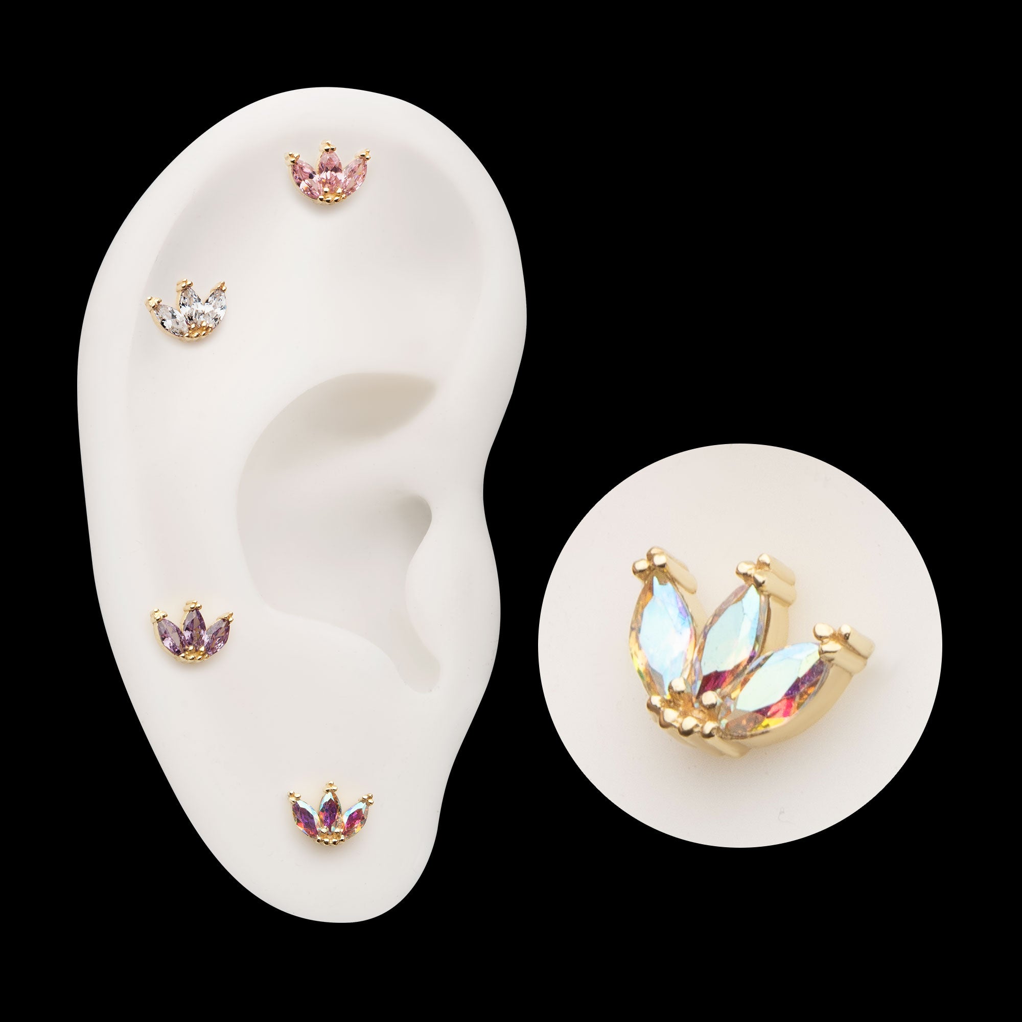Beaded Edge Marquise Fan Gem Cluster Flatback Stud Earring / Nosering - Gem in 14Kt Yellow Gold