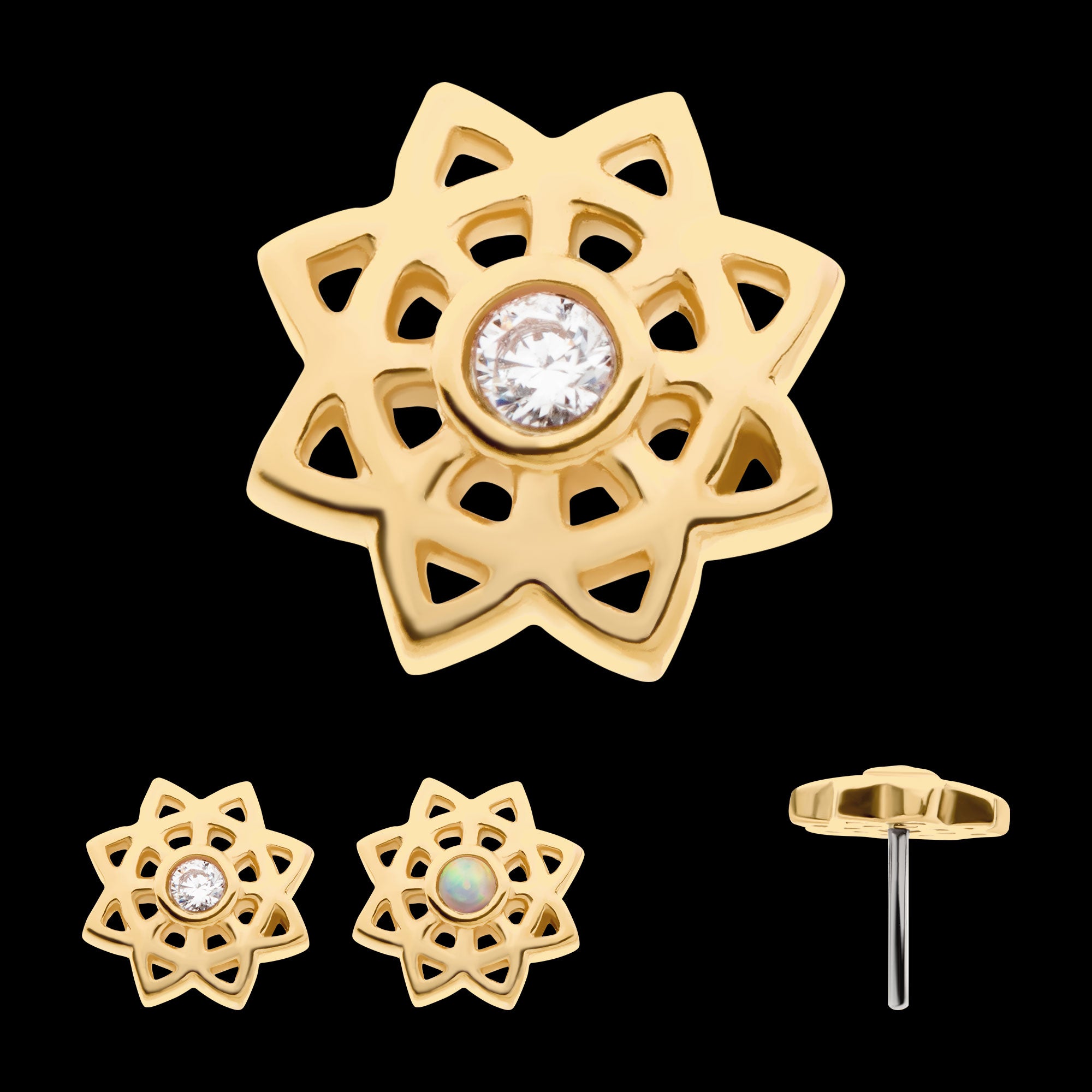 Bezel Set Gem/Opal Mandala Flower Flatback Stud Earring / Nosering - Opal in 14Kt Yellow Gold