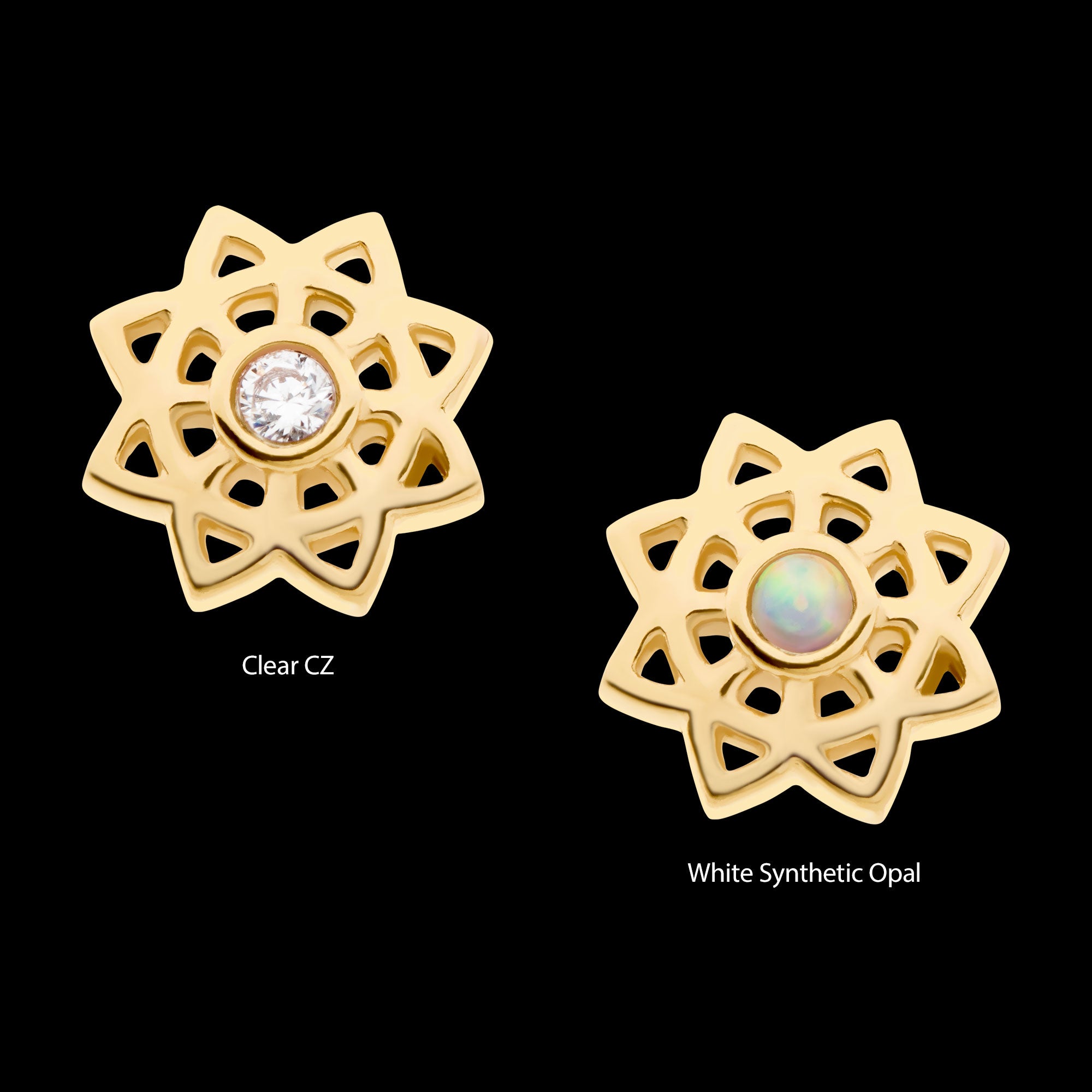 Bezel Set Gem/Opal Mandala Flower Flatback Stud Earring / Nosering - Opal in 14Kt Yellow Gold