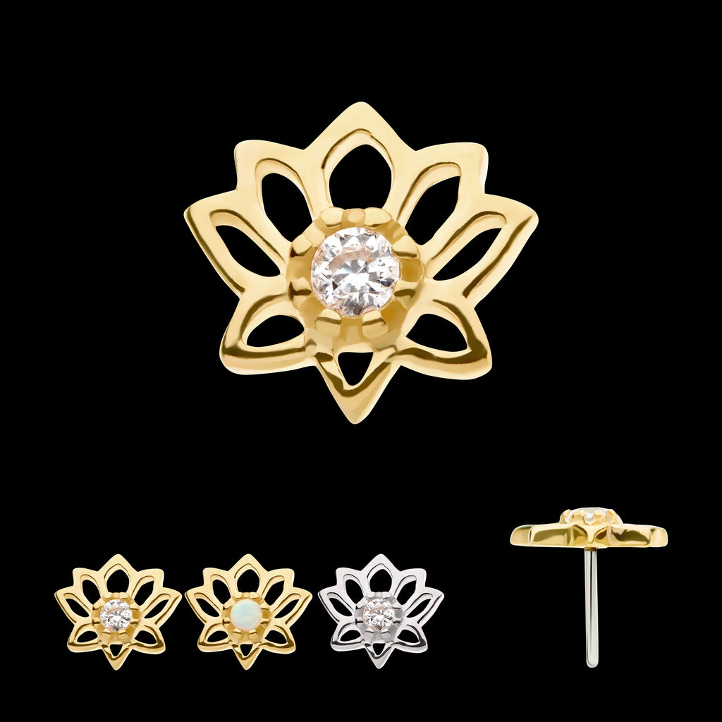 Lotus Flower with Prong Set Gem Flatback Stud Earring / Nosering - Gem in 14Kt Gold