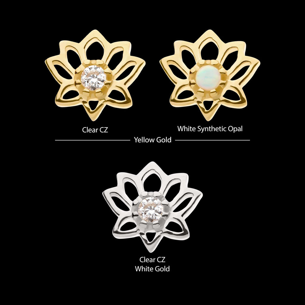 Lotus Flower with Prong Set Gem Flatback Stud Earring / Nosering - Gem in 14Kt Gold