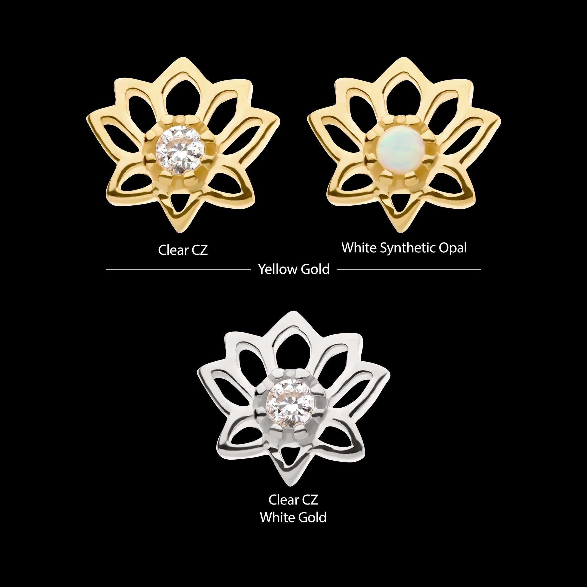 Lotus Flower with Prong Set Gem Flatback Stud Earring / Nosering - Gem in 14Kt Gold
