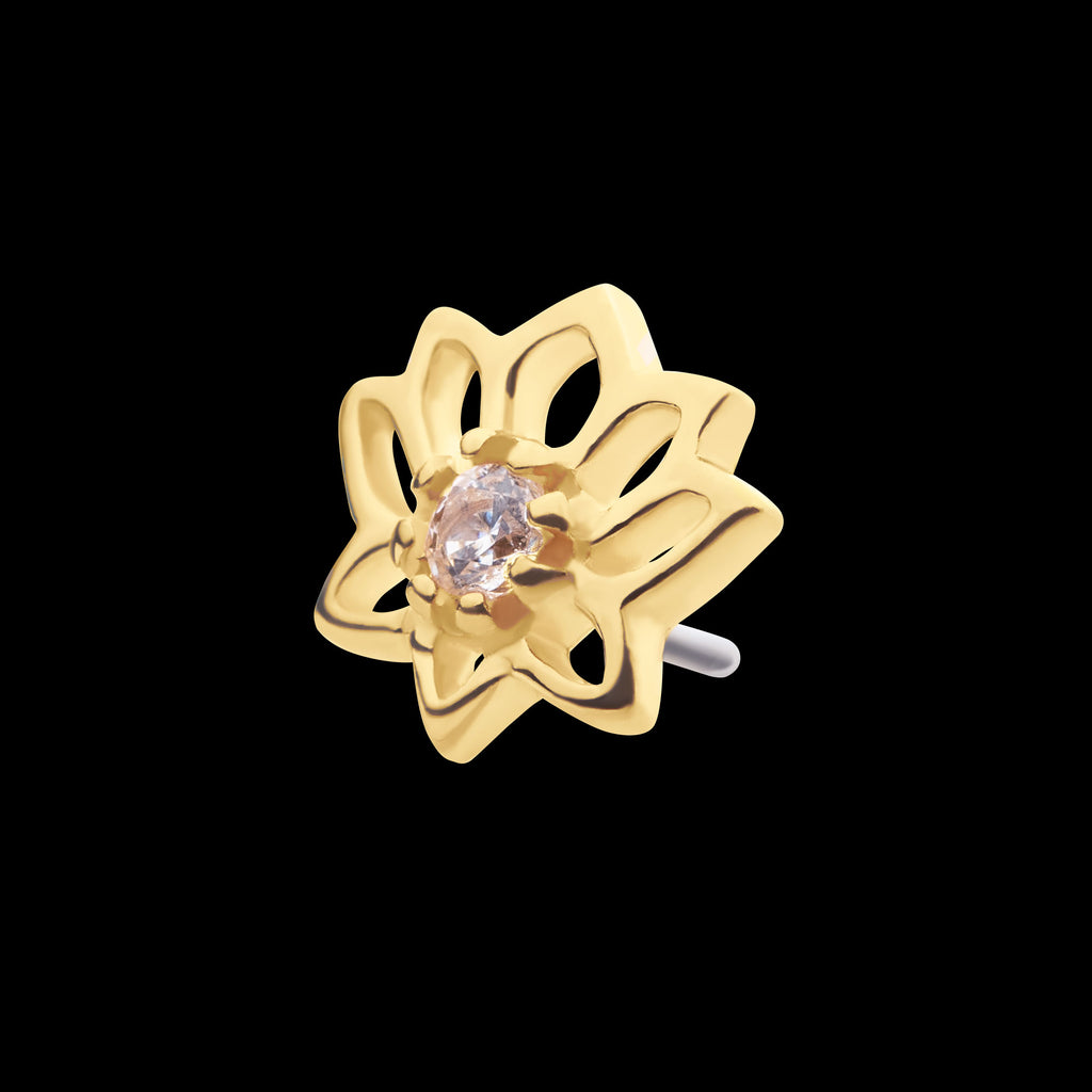 Lotus Flower with Prong Set Gem Flatback Stud Earring / Nosering - Gem in 14Kt Gold