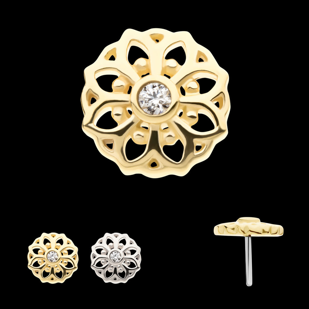 Mandala Flower with Bezel Gem Flatback Stud Earring / Nosering - Gem in 14Kt Gold